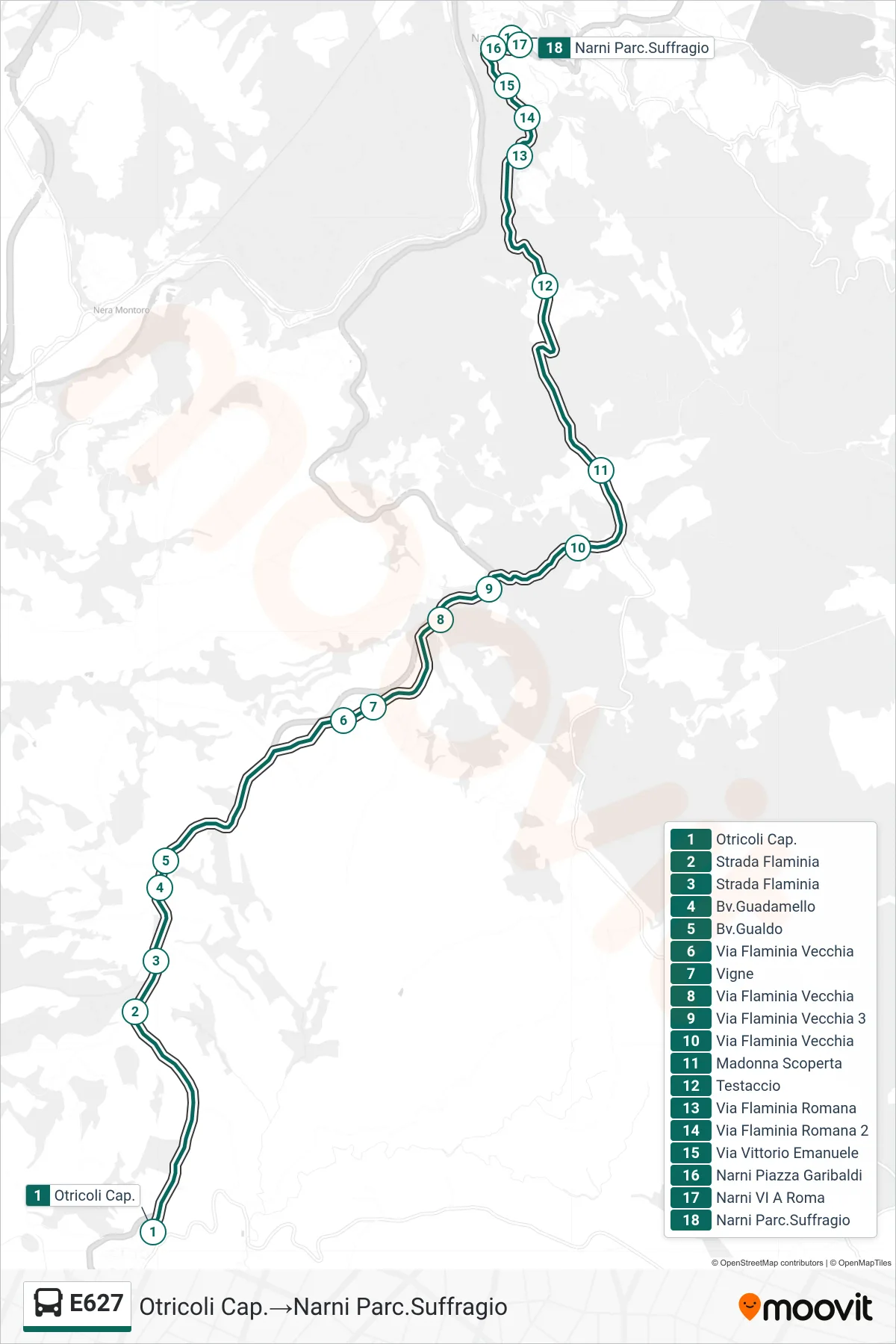 E627 bus Line (Otricoli Centro→Narni Suffrage Park) route and stops on a map