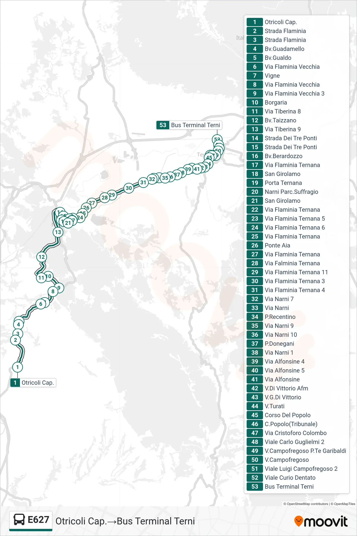 Linea E627 bus (Otricoli Cap.→Bus Terminal Terni) - Percorsi e fermate sulla mappa