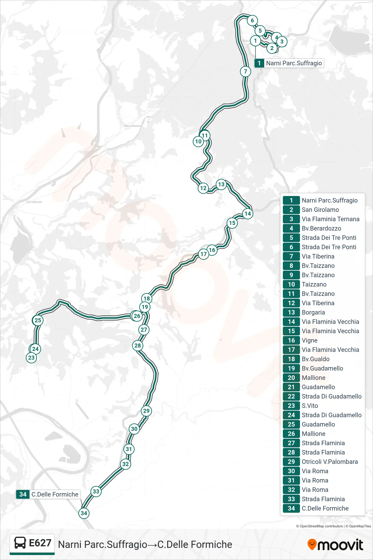 E627 bus Line (Narni Suffrage Park→Path of the Ants) route and stops on a map