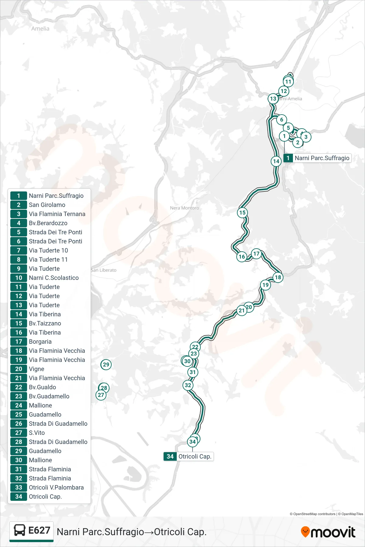 Linea E627 bus (Narni Parc.Suffragio→Otricoli Cap.) - Percorsi e fermate sulla mappa