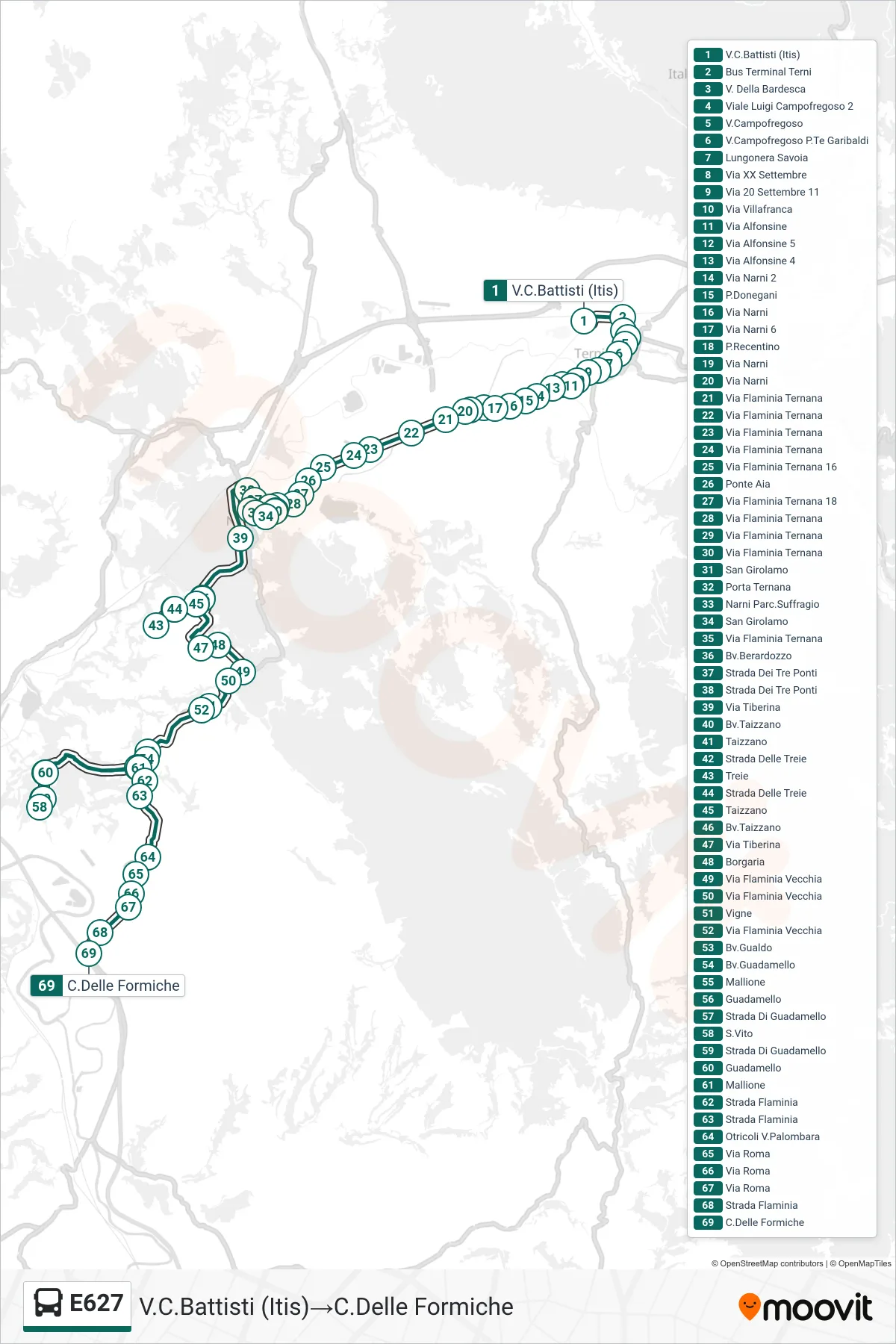Linea E627 bus (V.C.Battisti (Itis)→C.Delle Formiche) - Percorsi e fermate sulla mappa