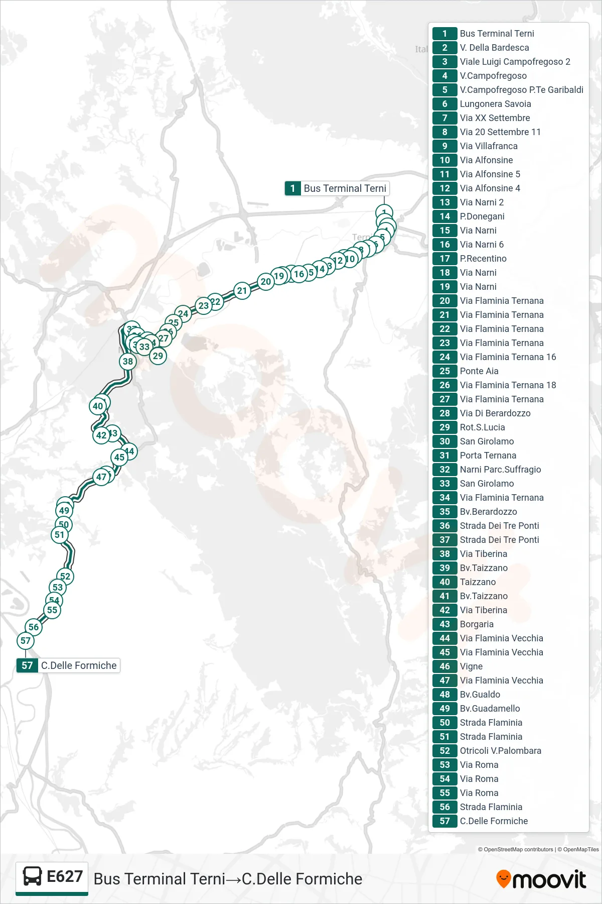 Linea E627 bus (Bus Terminal Terni→C.Delle Formiche) - Percorsi e fermate sulla mappa