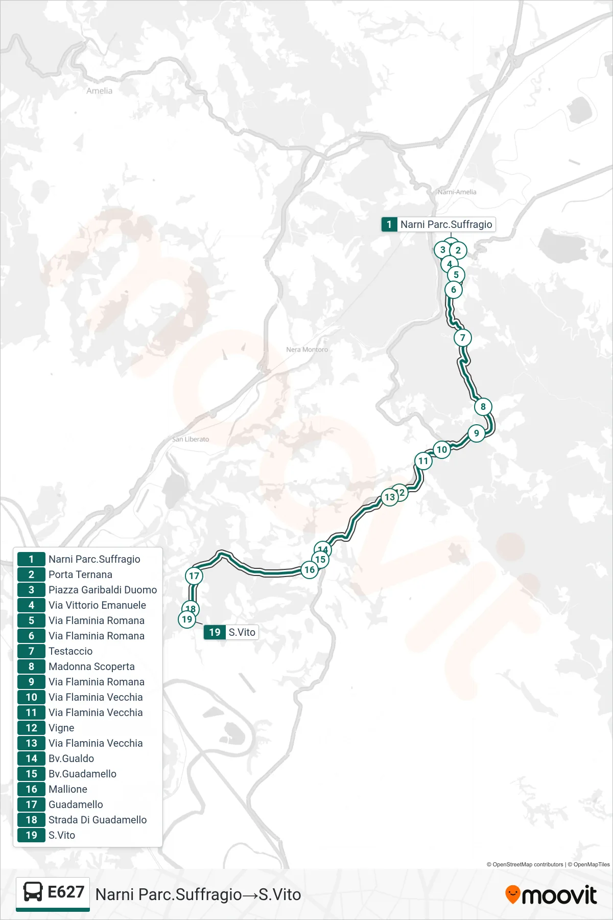Linea E627 bus (Narni Parc.Suffragio→S.Vito) - Percorsi e fermate sulla mappa