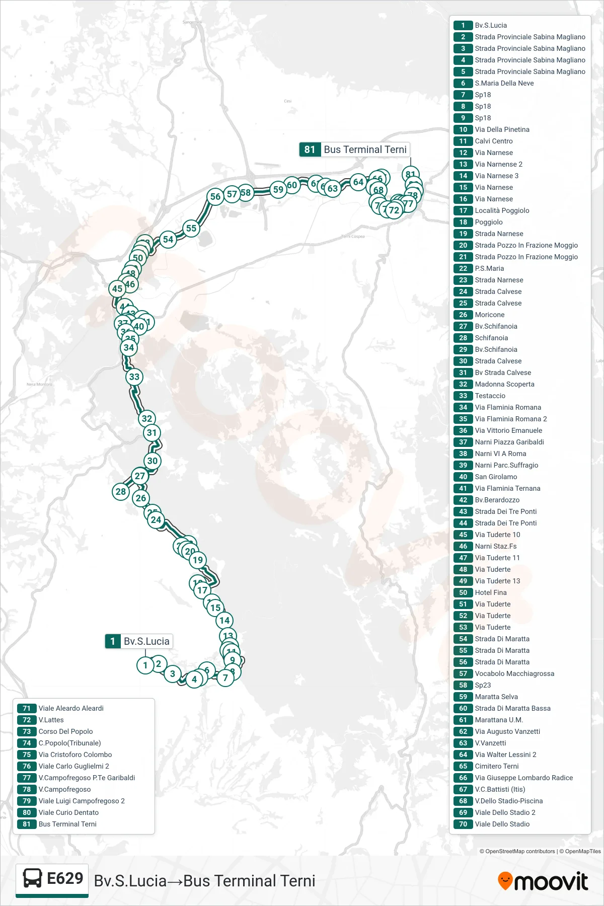 Linea E629  bus (Bv.S.Lucia‎→Bus Terminal Terni) - Percorsi e fermate sulla mappa