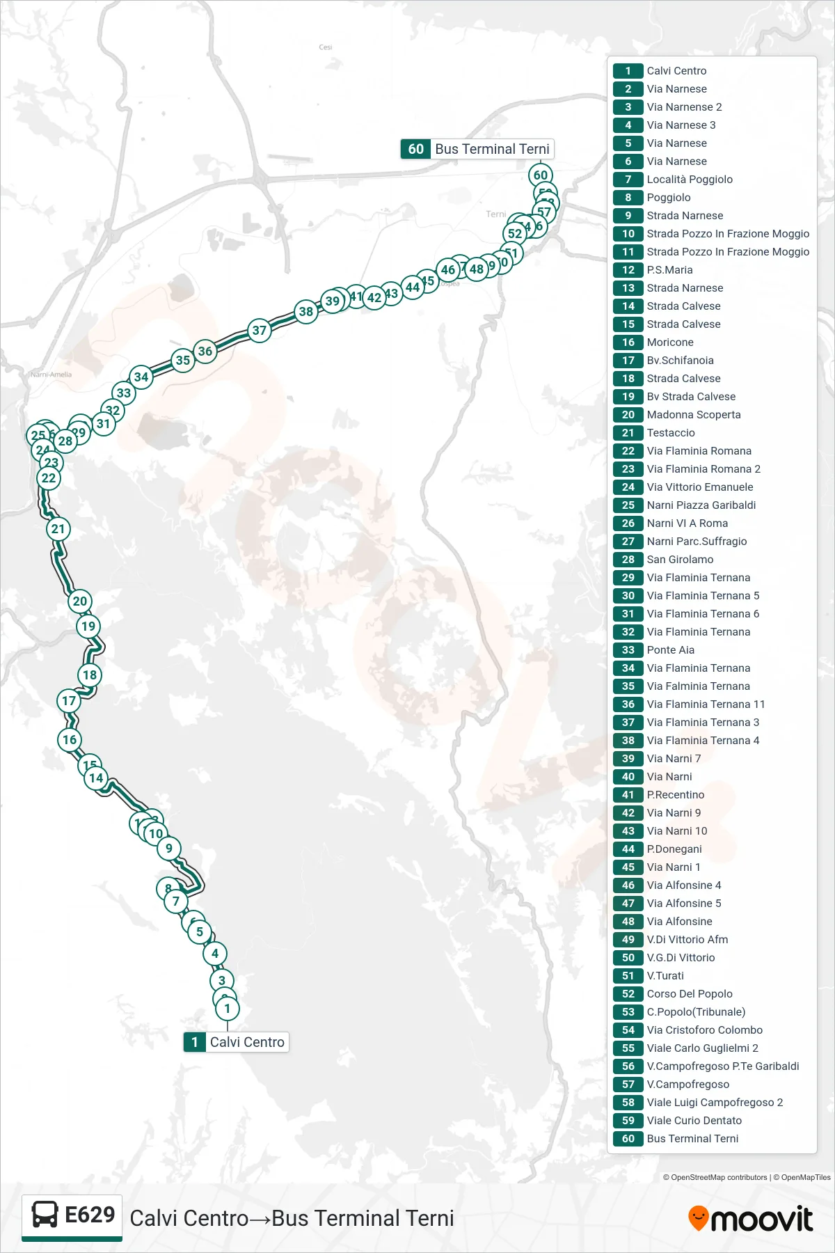 E629 bus Line (Calvi Center→Bus Terminal Terni) route and stops on a map