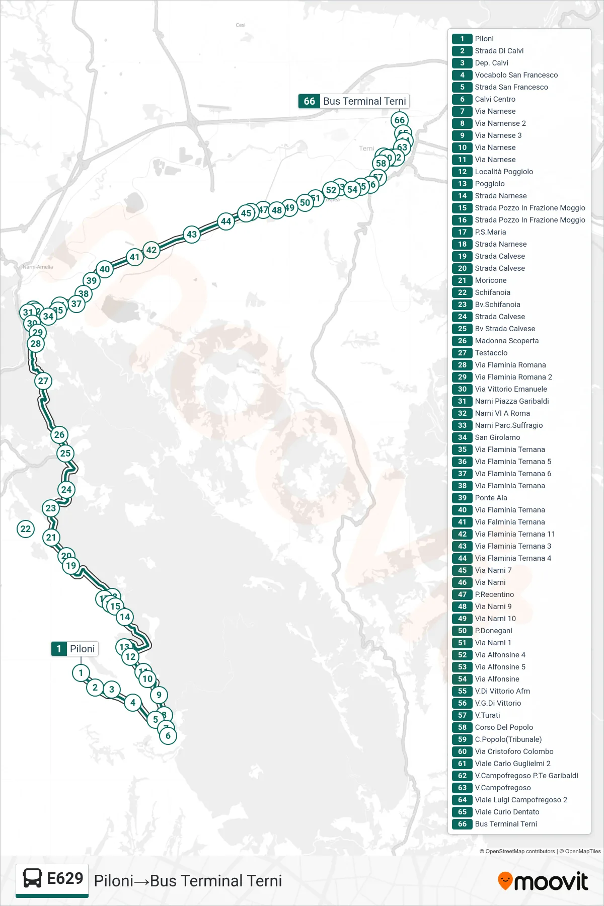 Linea E629 bus (Piloni→Bus Terminal Terni) - Percorsi e fermate sulla mappa