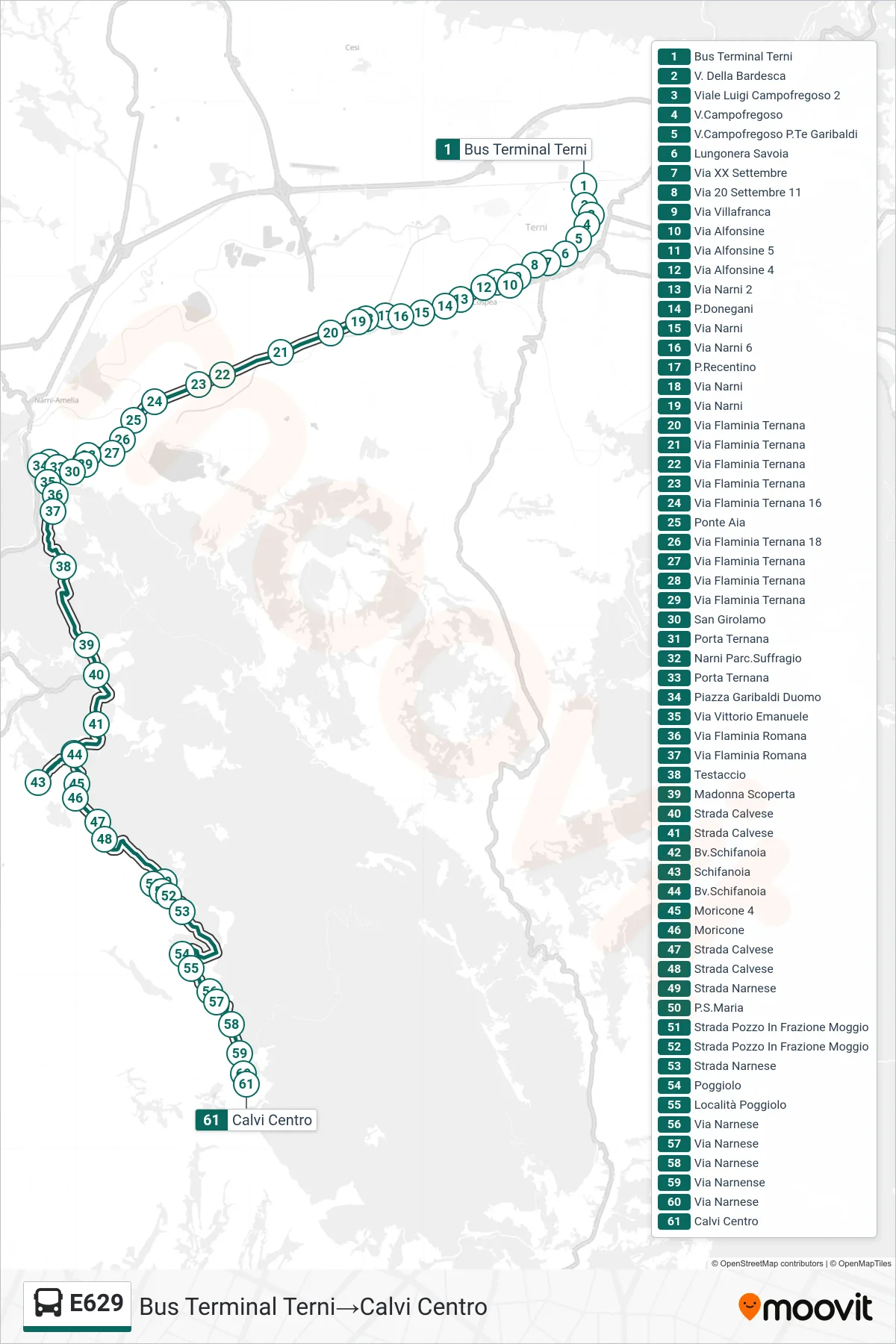 E629 bus Line (Bus Terminal Terni‎→Calvi Center) route and stops on a map
