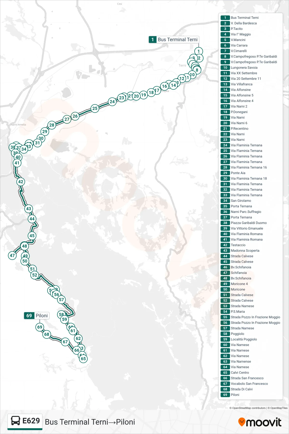 Linea E629 bus (Bus Terminal Terni→Piloni) - Percorsi e fermate sulla mappa