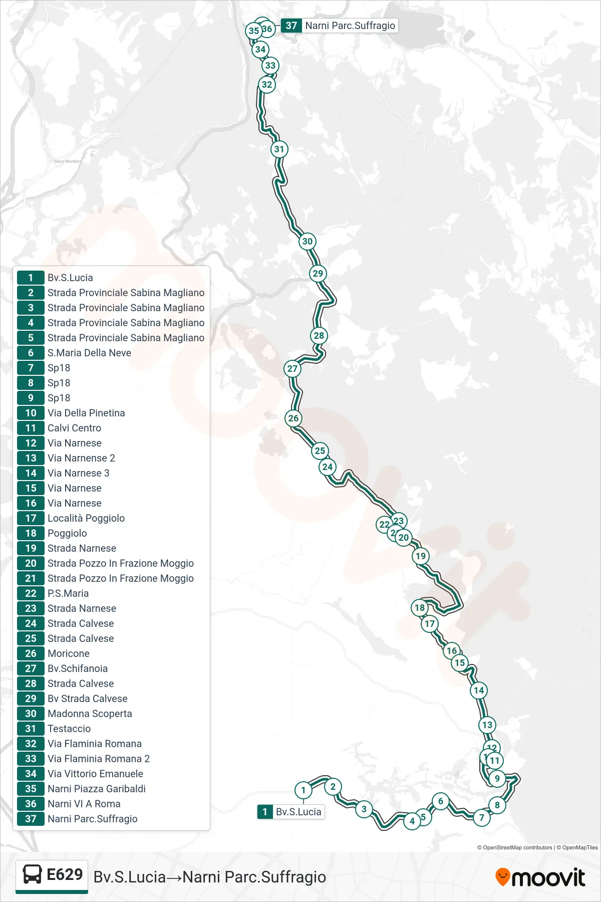 Linea E629  bus (Bv.S.Lucia‎→Narni Parc.Suffragio) - Percorsi e fermate sulla mappa