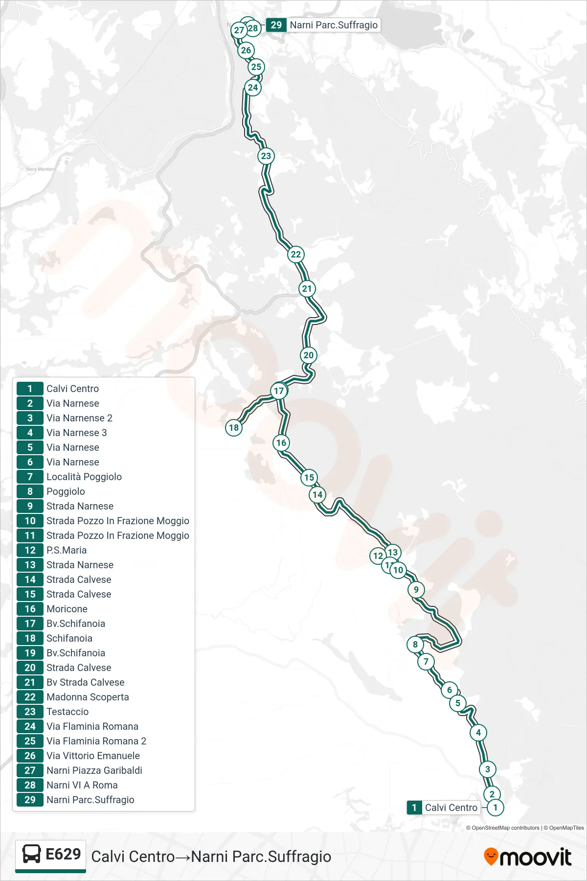 Linea E629  bus (Calvi Centro‎→Narni Parc.Suffragio) - Percorsi e fermate sulla mappa