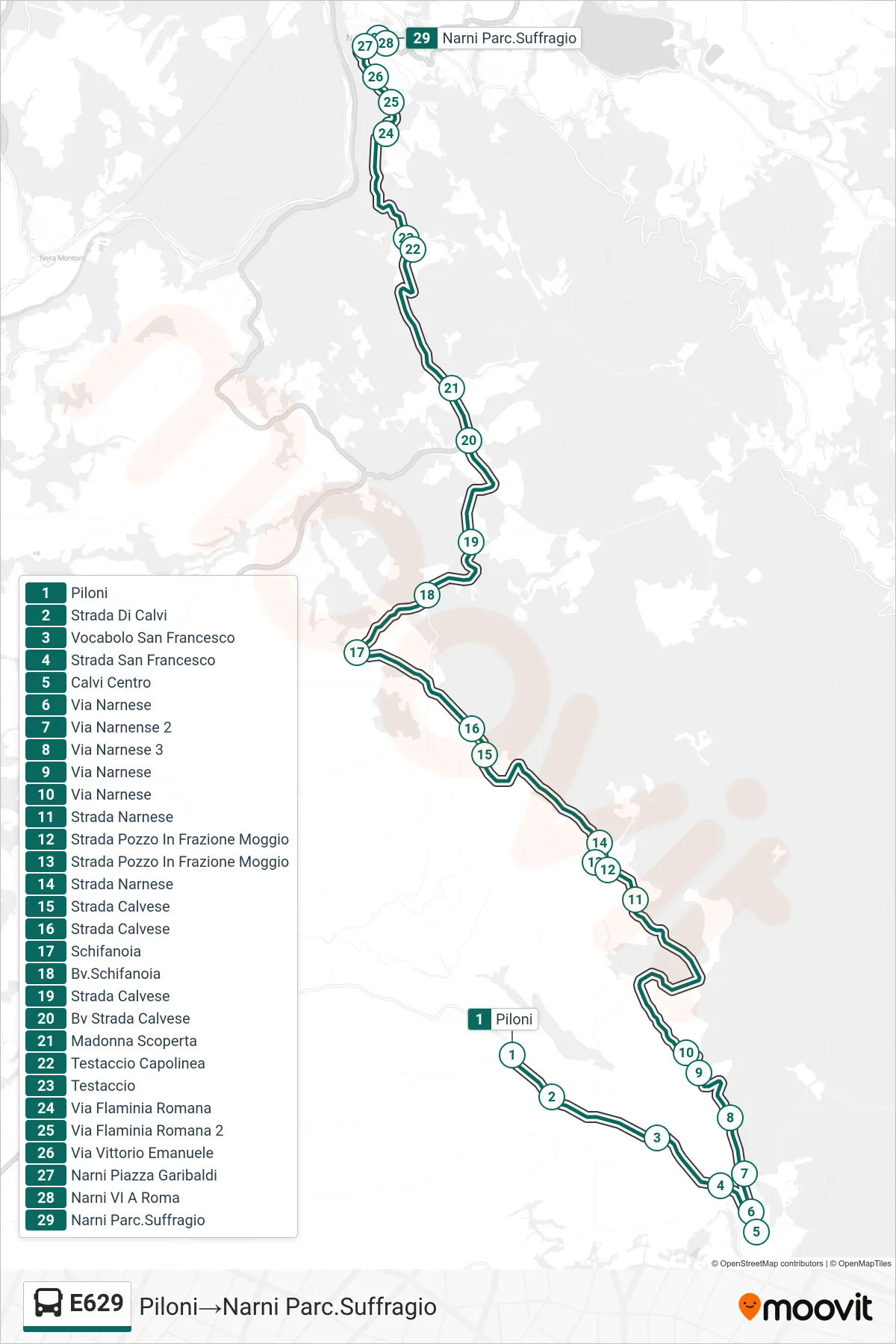 Linea E629 bus (Piloni→Narni Parc.Suffragio) - Percorsi e fermate sulla mappa