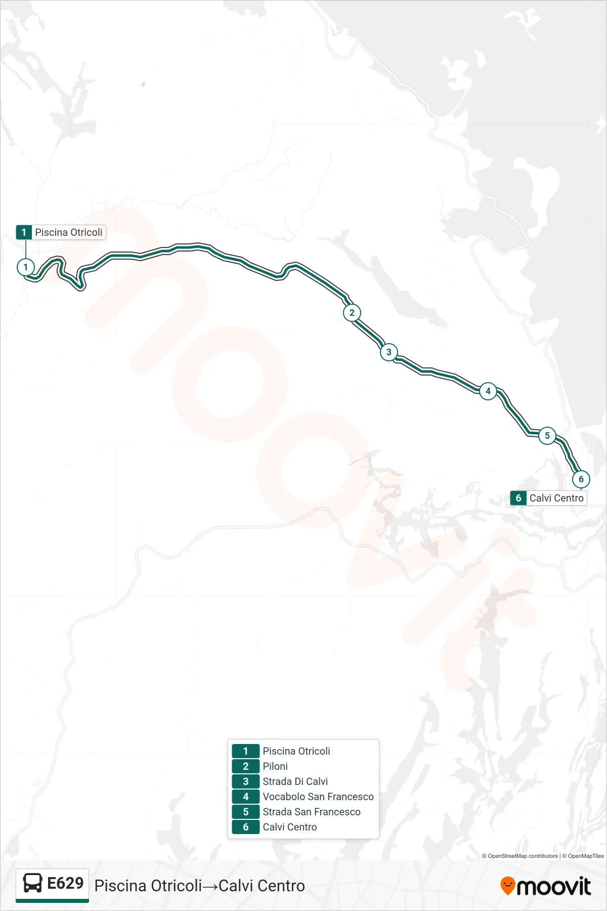 E629 bus Line (Otricoli Pool→Calvi Center) route and stops on a map