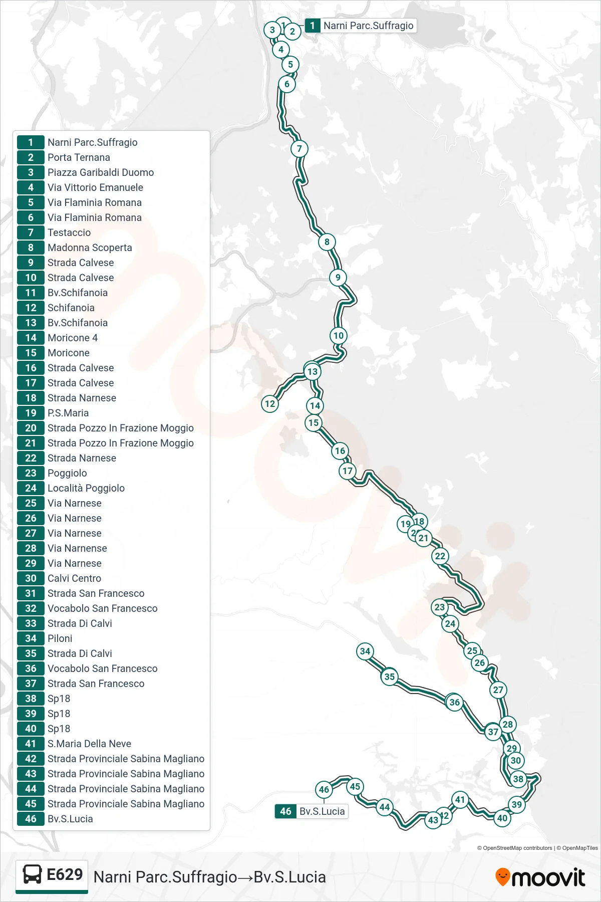 E629 bus Line (Narni Suffrage Park→Santa Lucia Junction) route and stops on a map