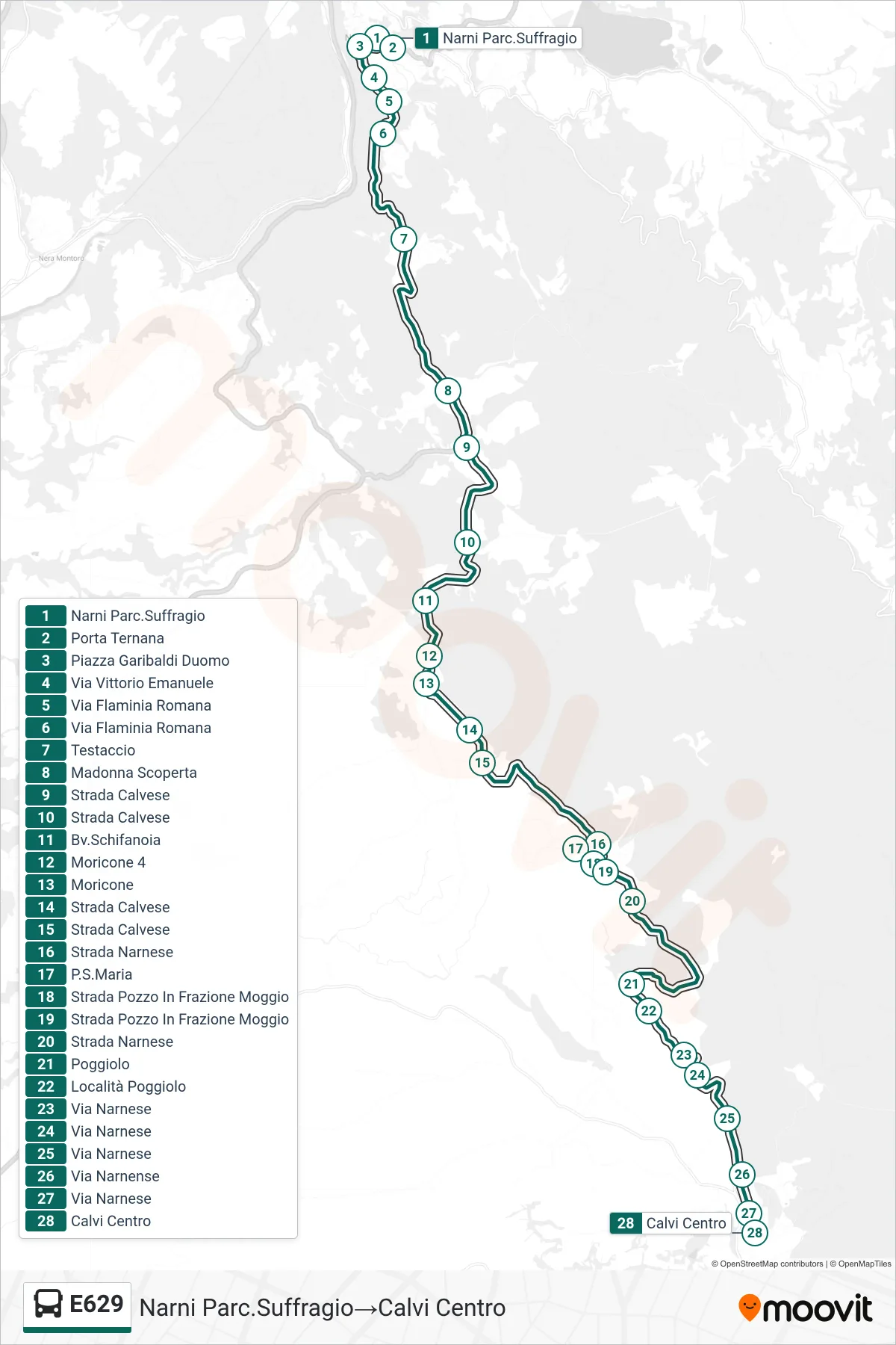 Linea E629 bus (Narni Parc.Suffragio→Calvi Centro) - Percorsi e fermate sulla mappa
