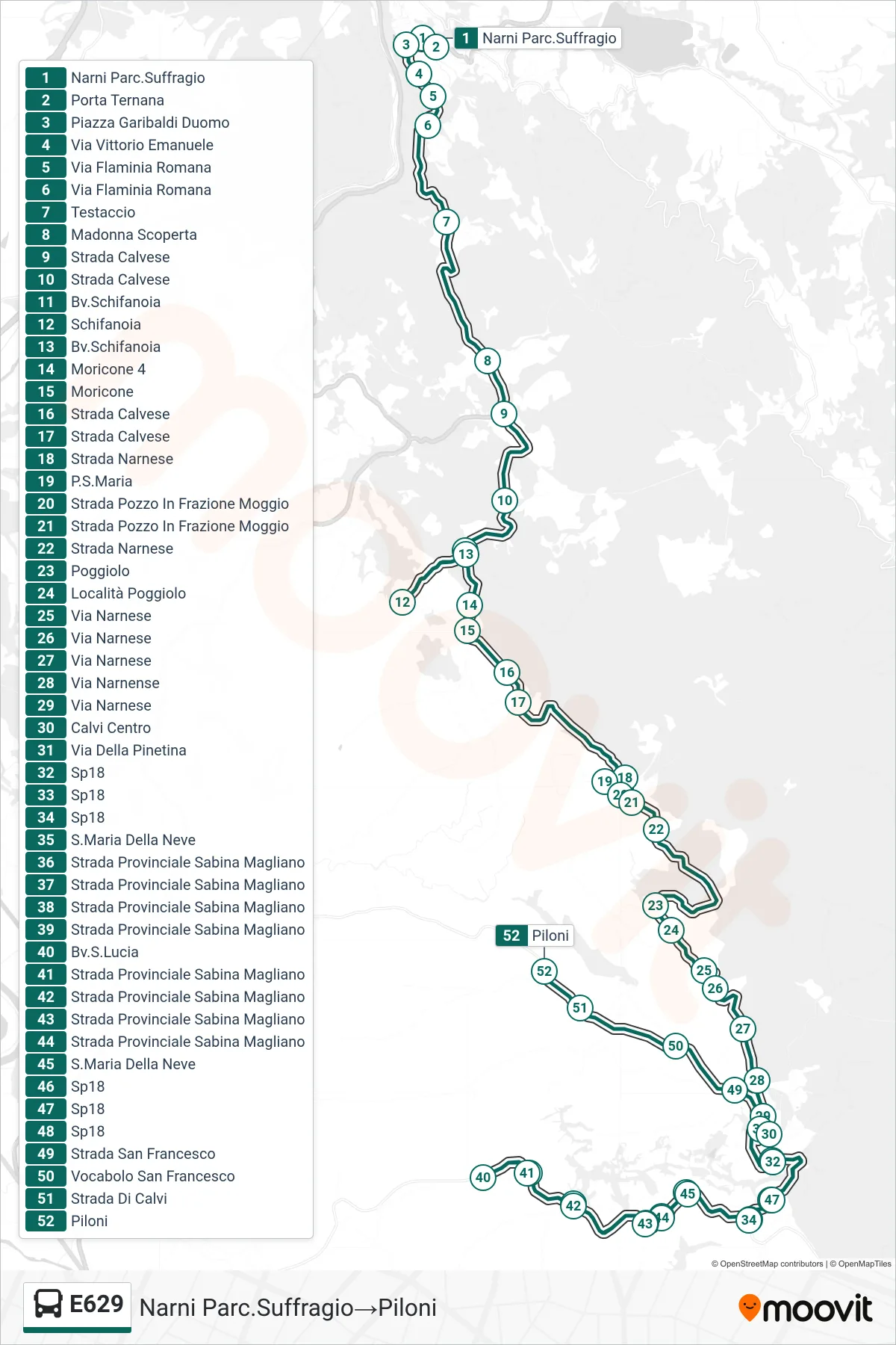 Linea E629 bus (Narni Parc.Suffragio→Piloni) - Percorsi e fermate sulla mappa