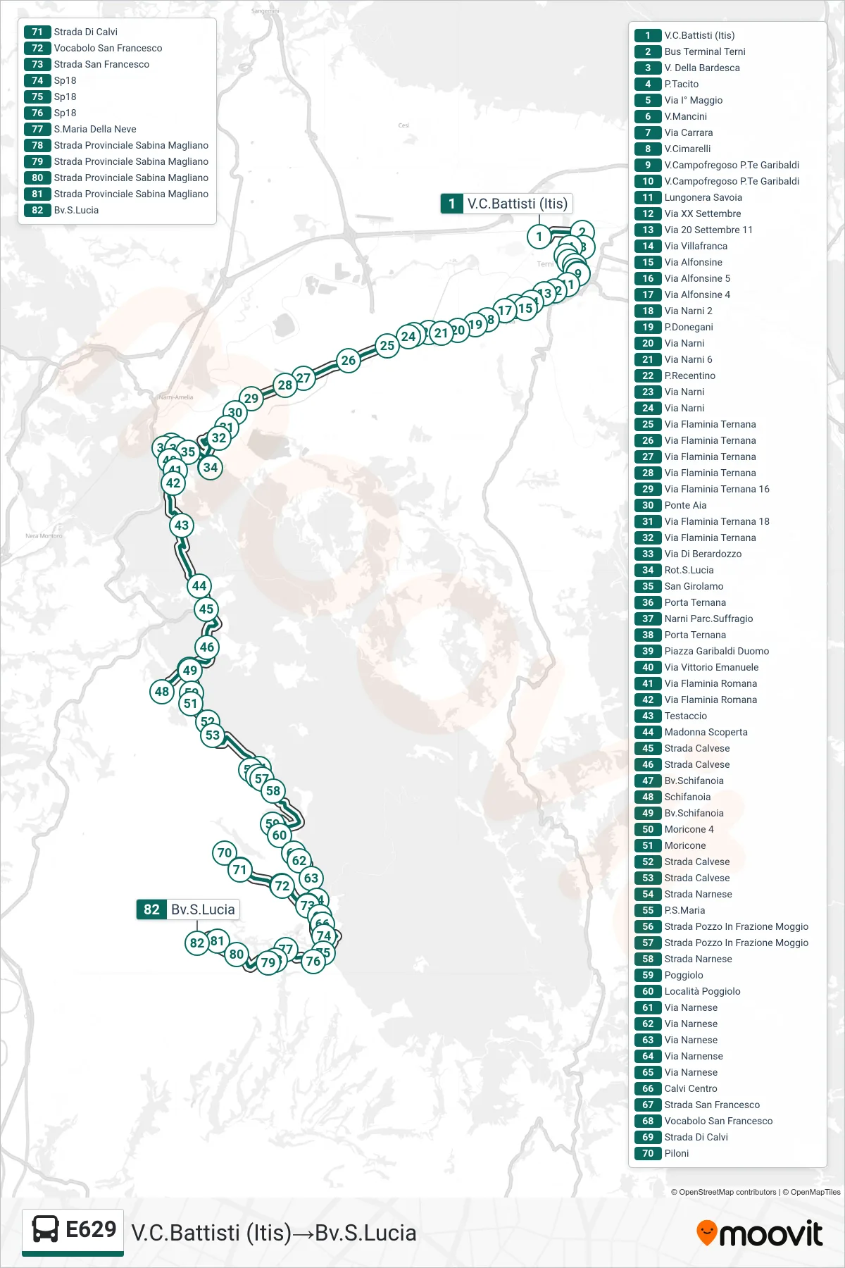 E629 bus Line (Via Battisti (Technical Institute)→Santa Lucia Junction) route and stops on a map
