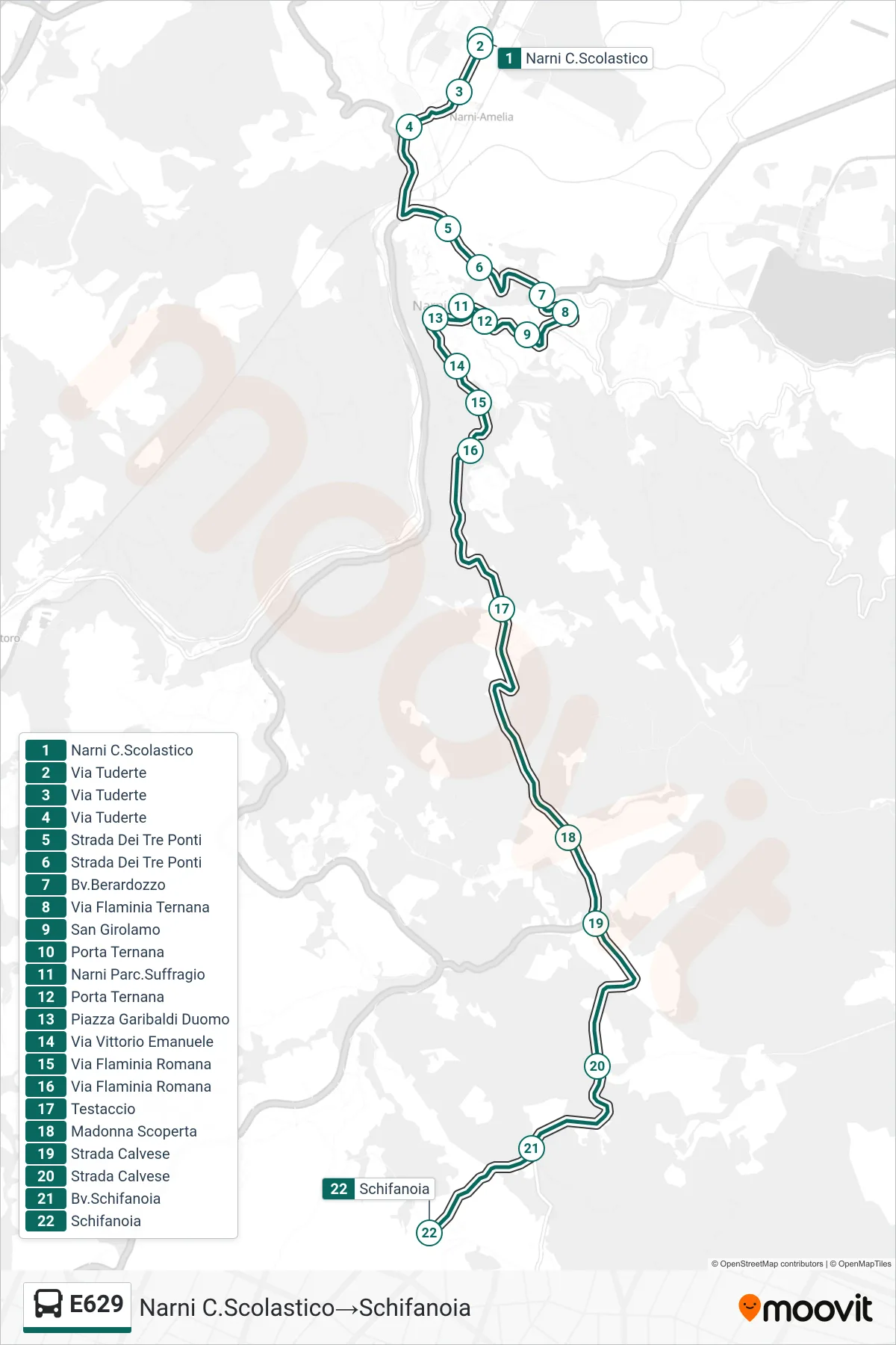 Linea E629 bus (Narni C.Scolastico→Schifanoia) - Percorsi e fermate sulla mappa