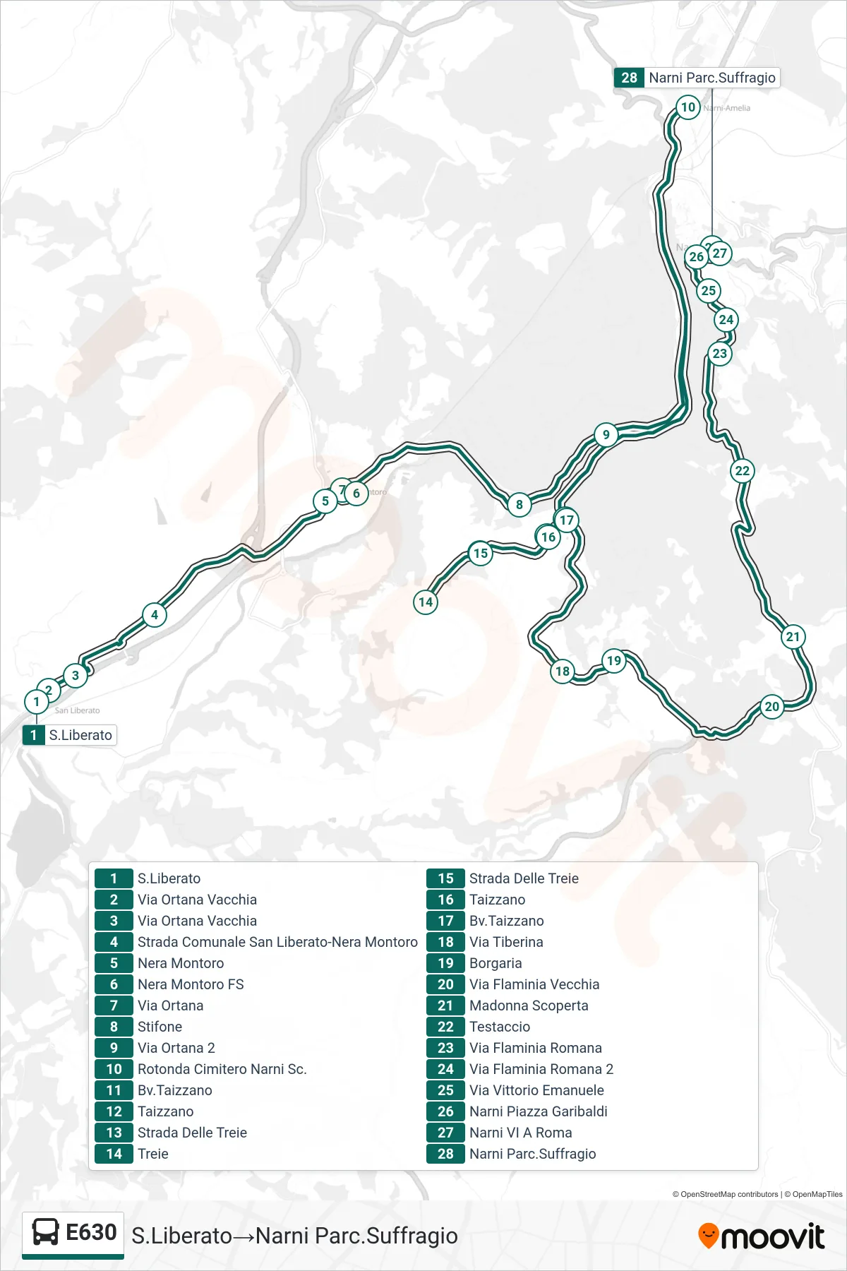Linea E630 bus (S.Liberato→Narni Parc.Suffragio) - Percorsi e fermate sulla mappa