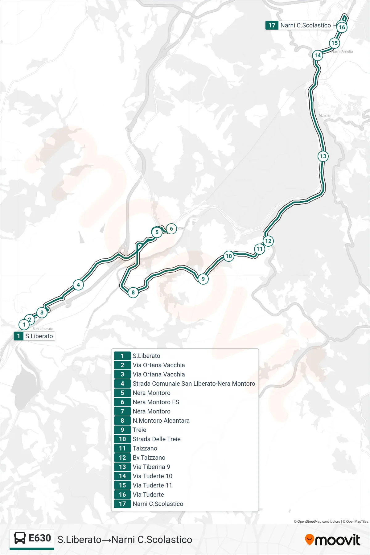 Linea E630 bus (S.Liberato→Narni C.Scolastico) - Percorsi e fermate sulla mappa