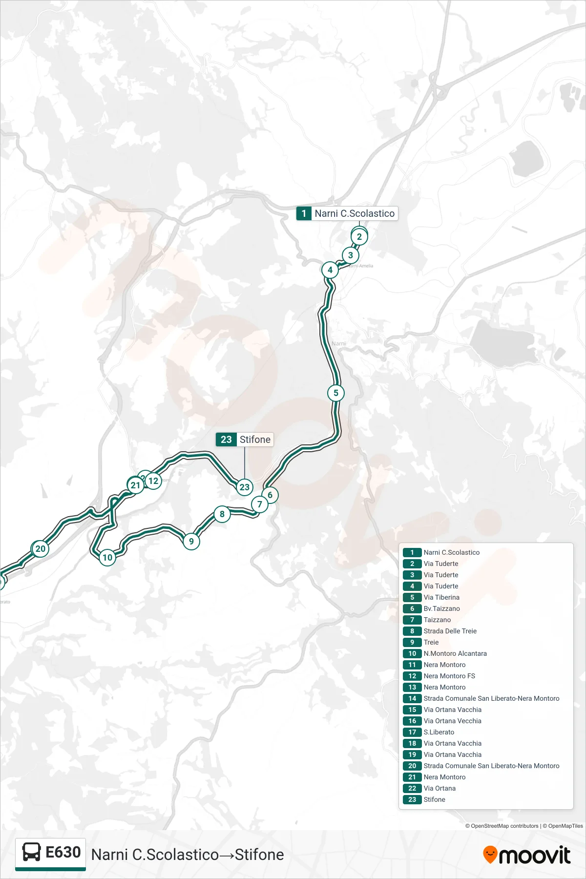 Linea E630 bus (Narni C.Scolastico→Stifone) - Percorsi e fermate sulla mappa