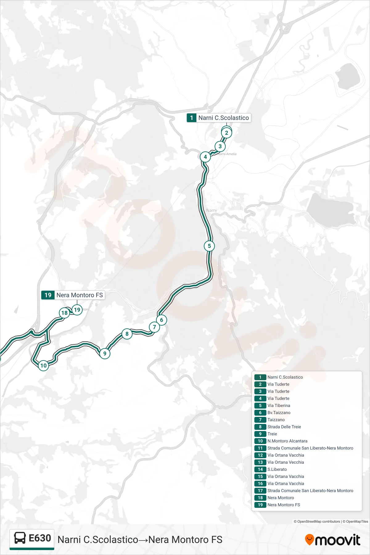 Linea E630 bus (Narni C.Scolastico→Nera Montoro FS) - Percorsi e fermate sulla mappa