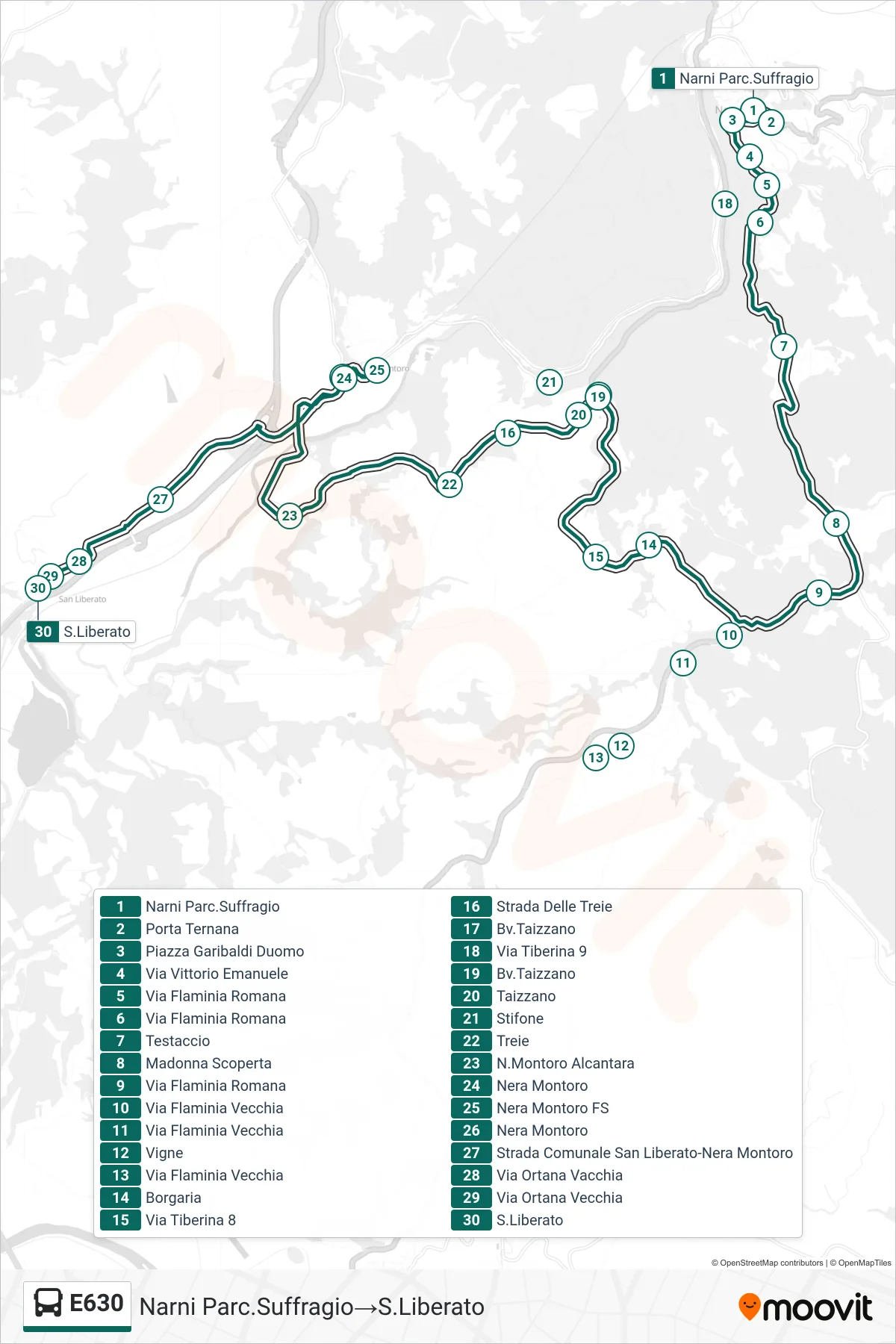 Linea E630 bus (Narni Parc.Suffragio→S.Liberato) - Percorsi e fermate sulla mappa