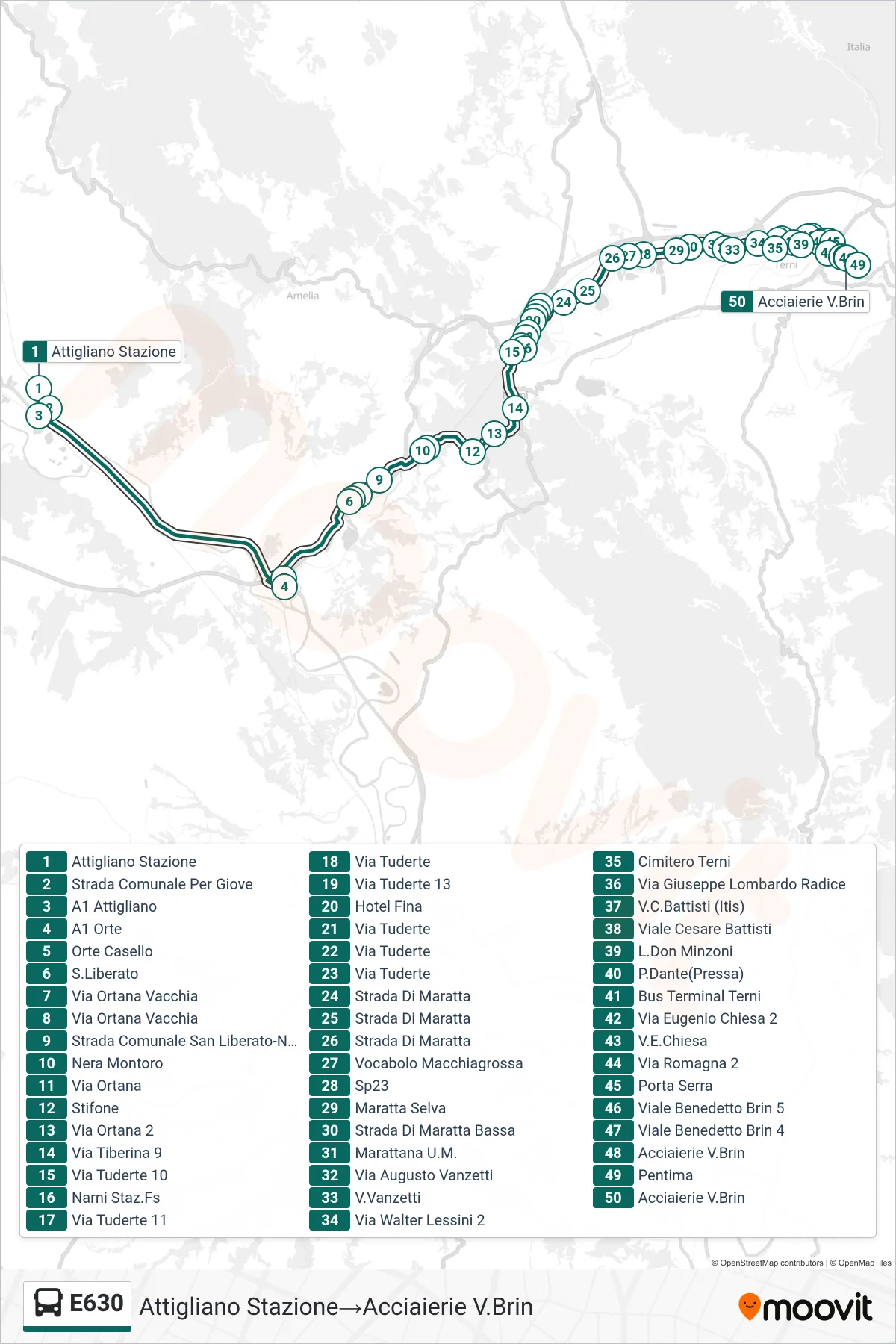Linea E630 bus (Attigliano Stazione→Acciaierie V.Brin) - Percorsi e fermate sulla mappa