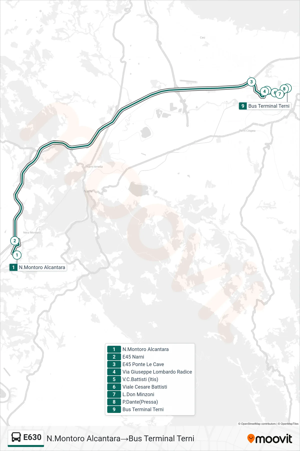 Linea E630  bus (N.Montoro Alcantara‎→Bus Terminal Terni) - Percorsi e fermate sulla mappa