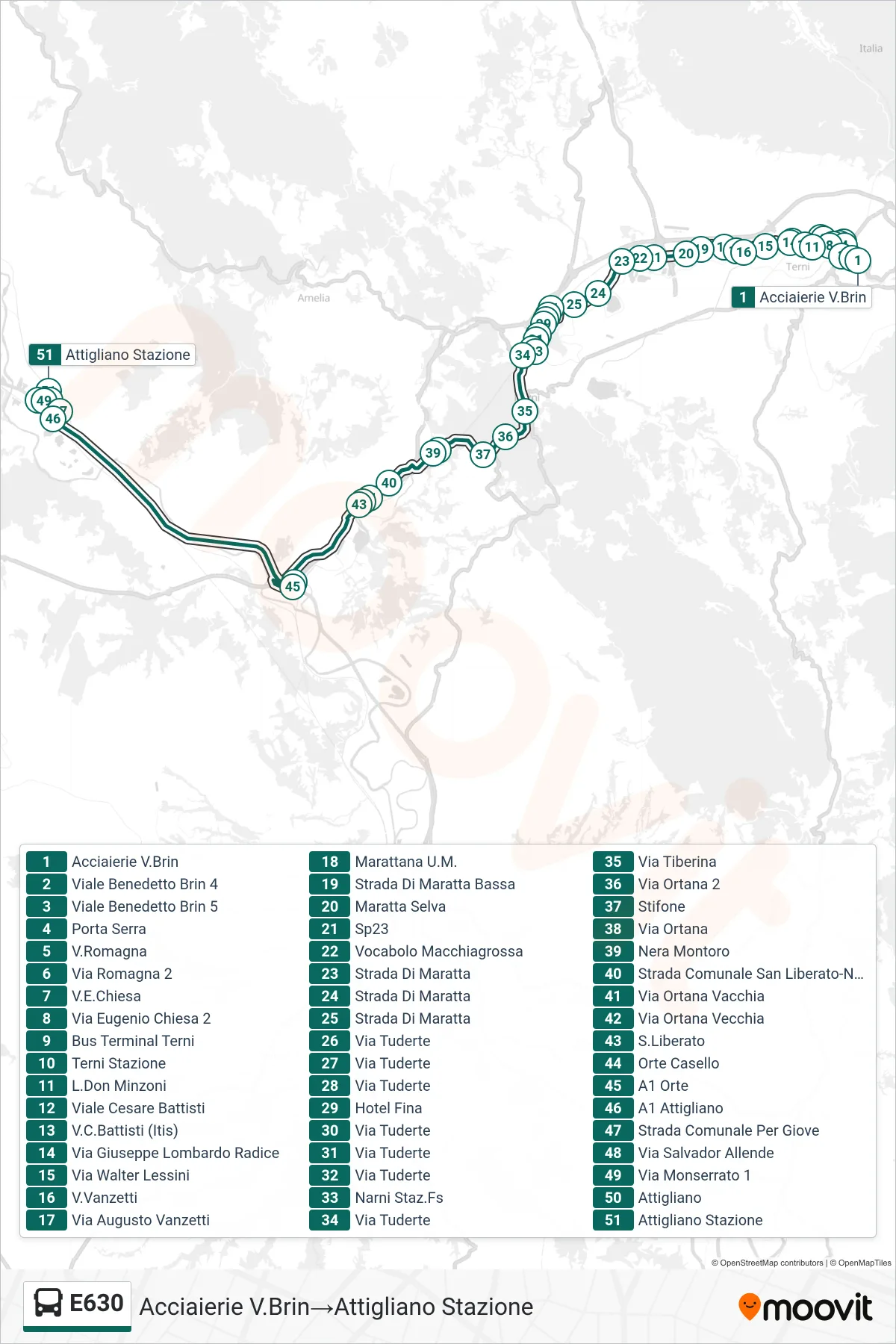 Linea E630 bus (Acciaierie V.Brin→Attigliano Stazione) - Percorsi e fermate sulla mappa