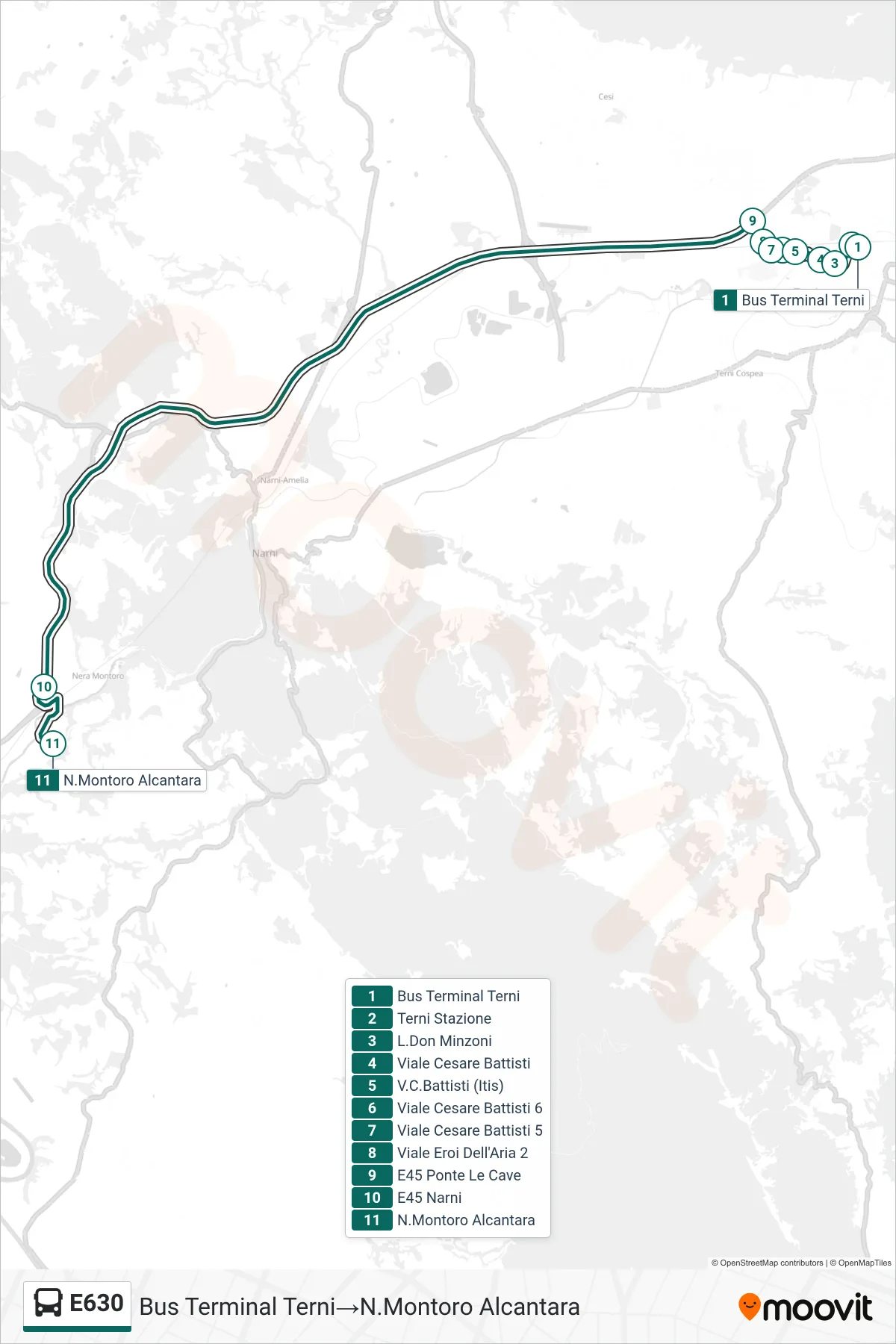 Linea E630 bus (Bus Terminal Terni→N.Montoro Alcantara) - Percorsi e fermate sulla mappa