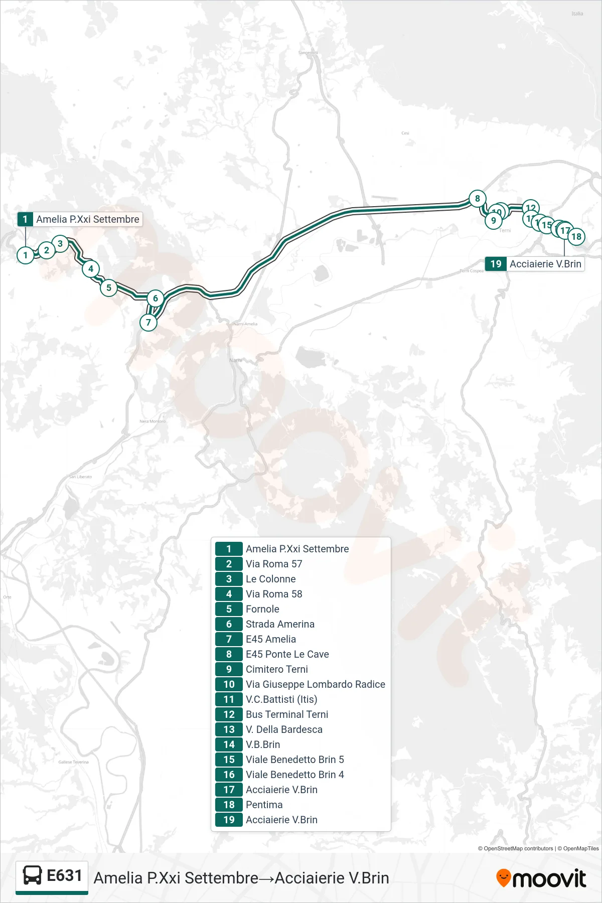 E631 bus Line (Amelia September 21st Square→Acciaierie Via Brin) route and stops on a map