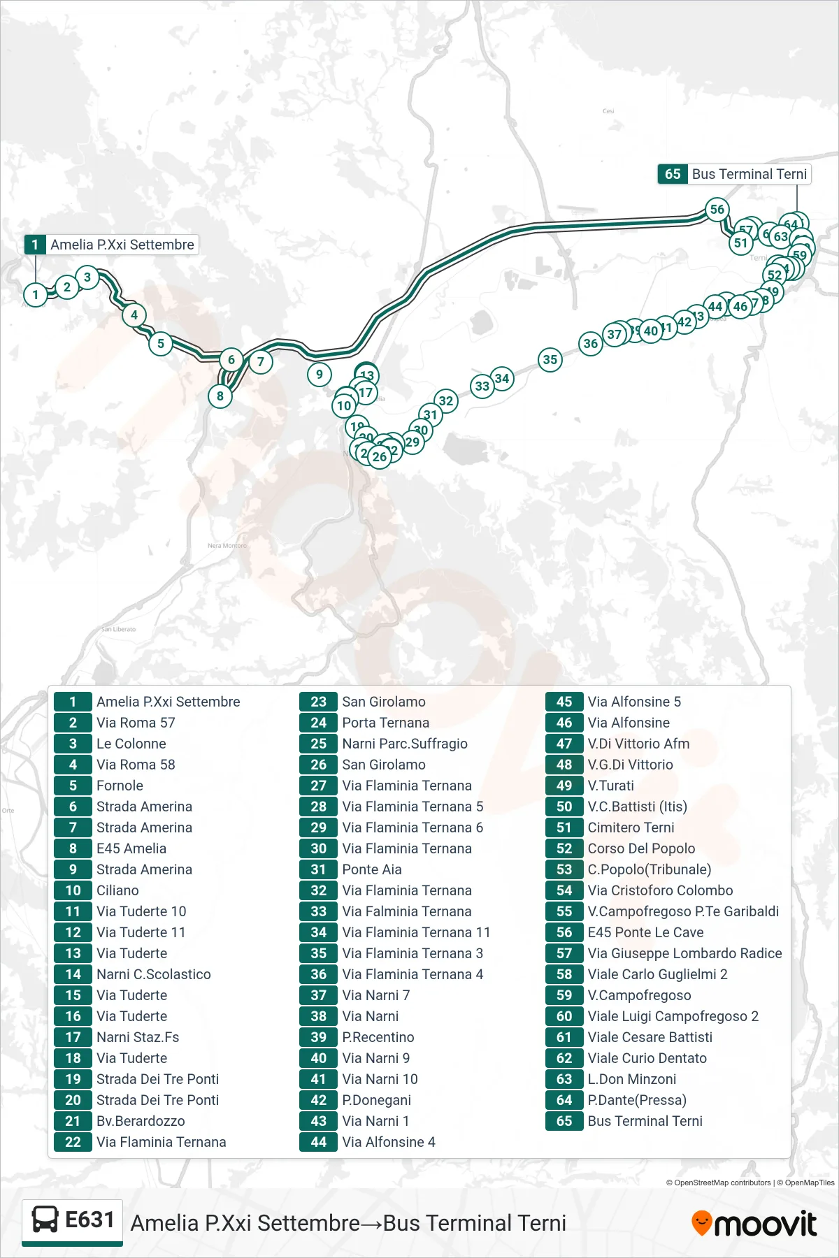 E631 bus Line (Amelia September 21st Square→Bus Terminal Terni) route and stops on a map