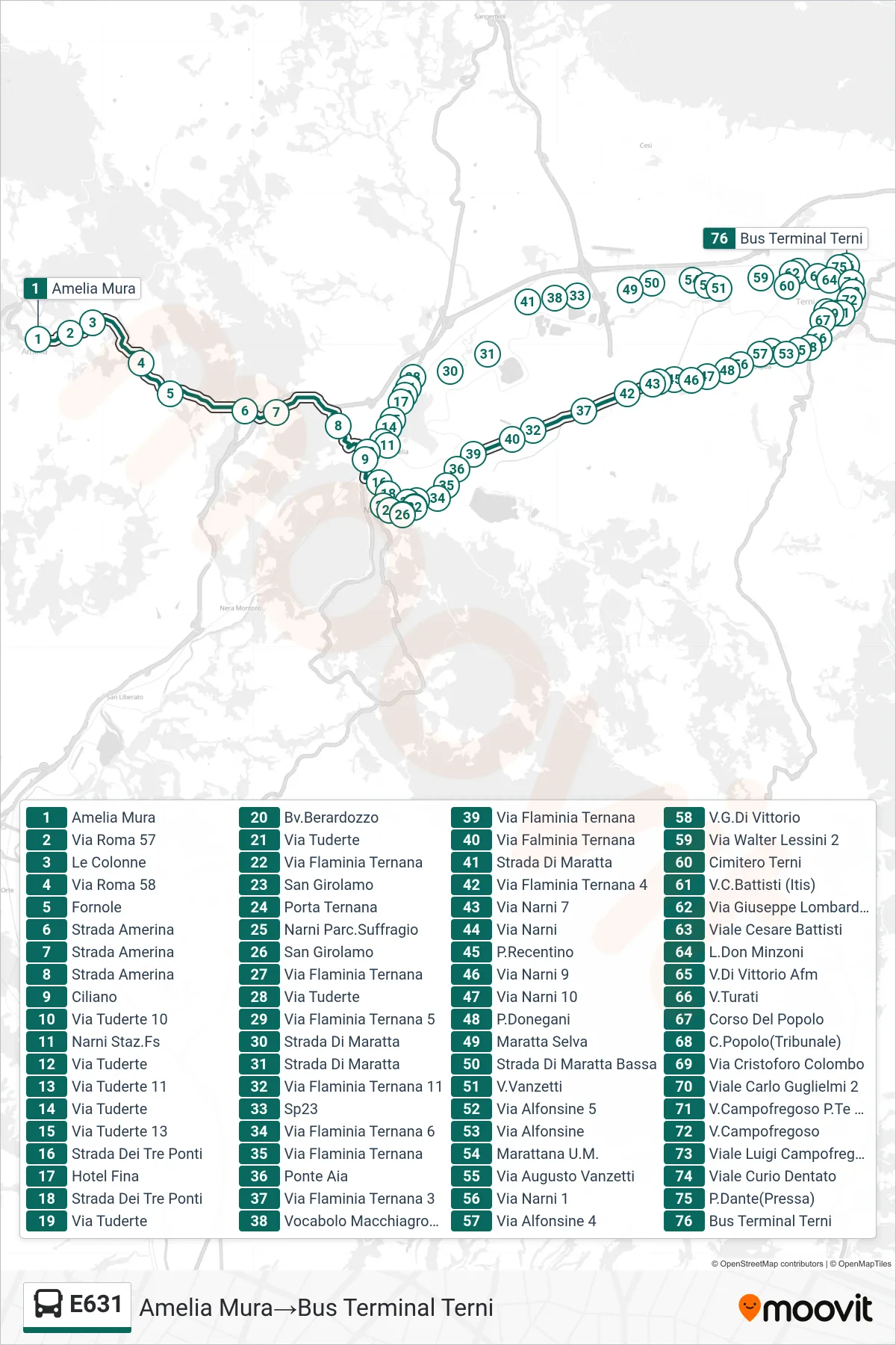 E631 bus Line (Amelia Walls‎→Bus Terminal Terni) route and stops on a map