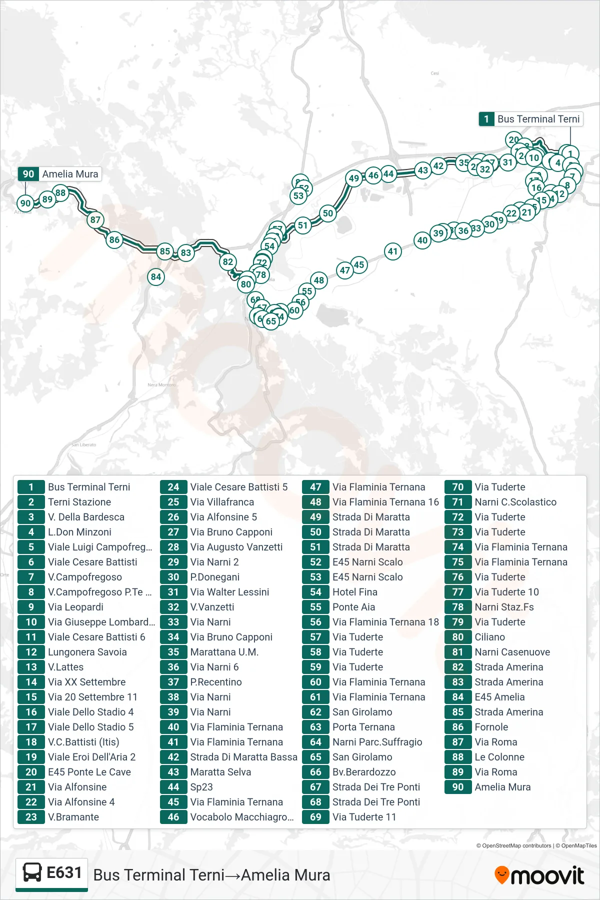Linea E631  bus (Bus Terminal Terni‎→Amelia Mura) - Percorsi e fermate sulla mappa