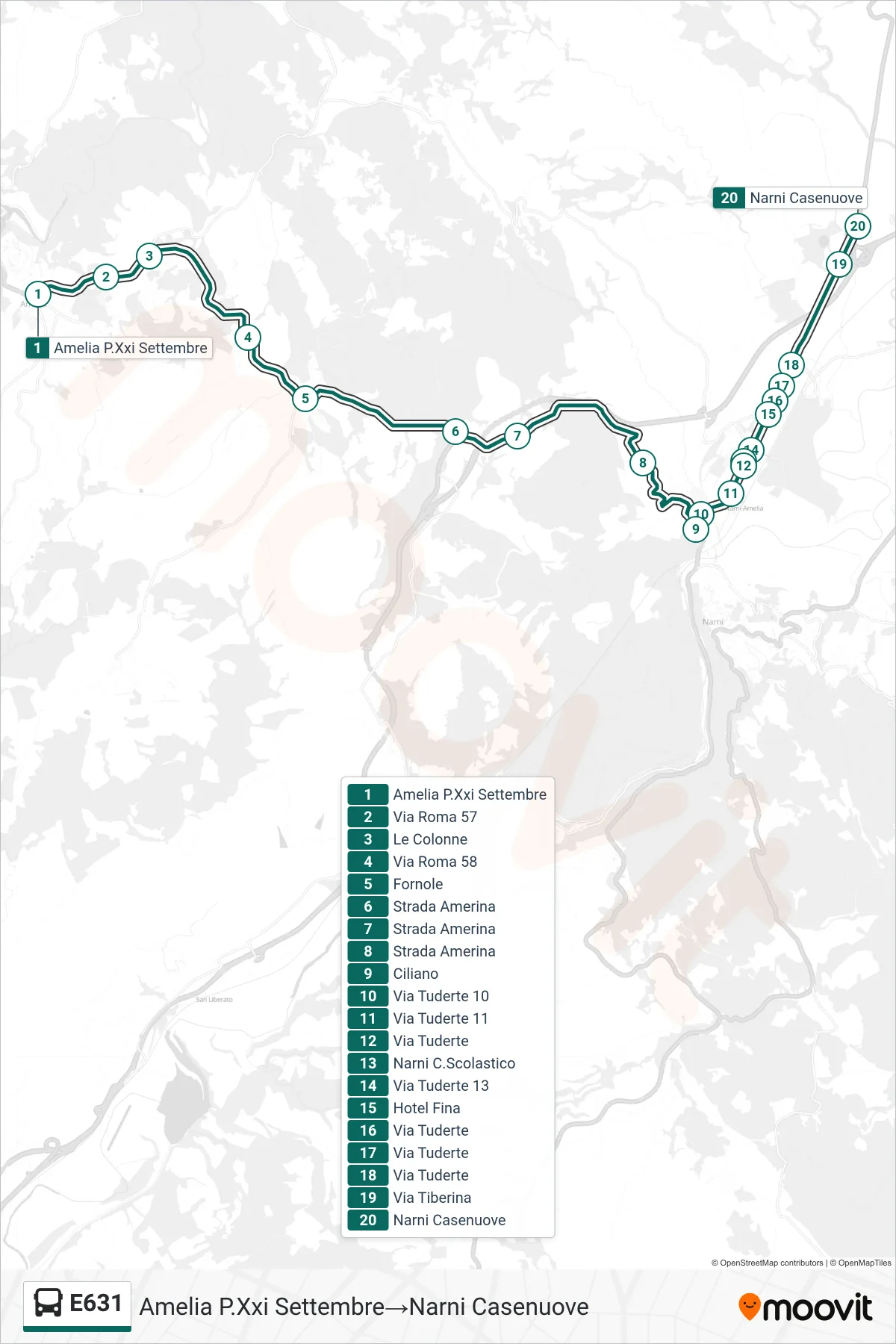 E631 bus Line (Amelia September 21st Square‎→Narni Casenuove) route and stops on a map