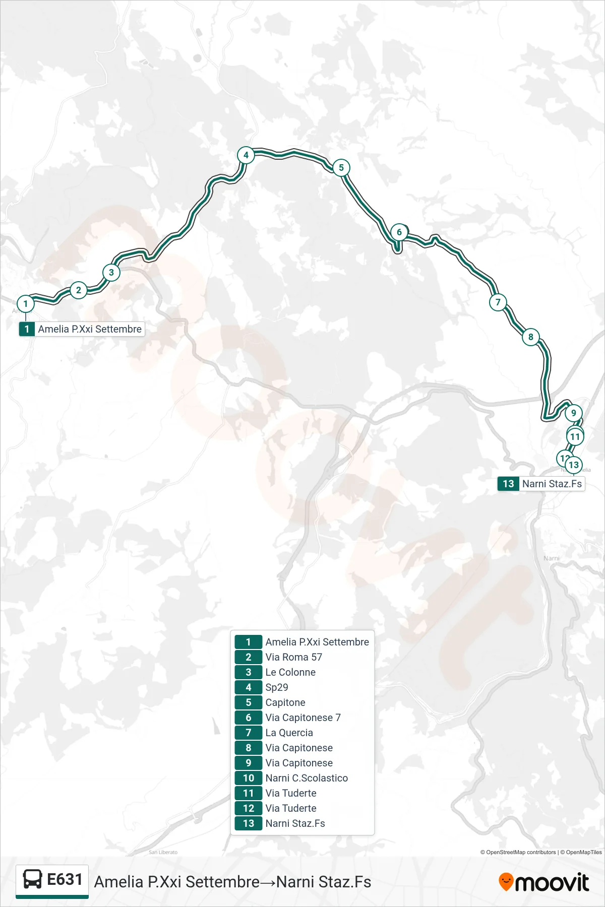 Linea E631  bus (Amelia P.Xxi Settembre‎→Narni Staz.Fs) - Percorsi e fermate sulla mappa
