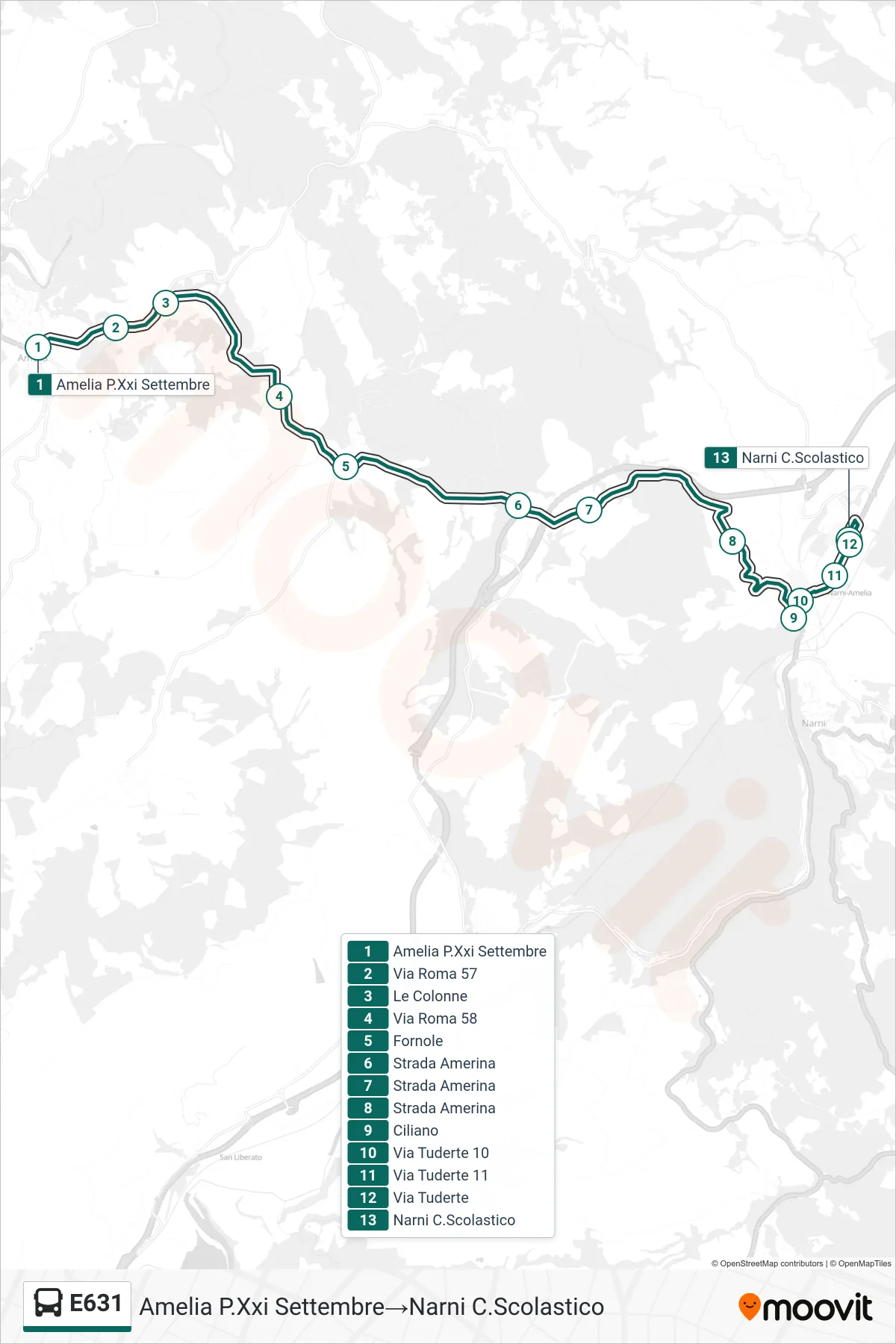 Linea E631  bus (Amelia P.Xxi Settembre‎→Narni C.Scolastico) - Percorsi e fermate sulla mappa