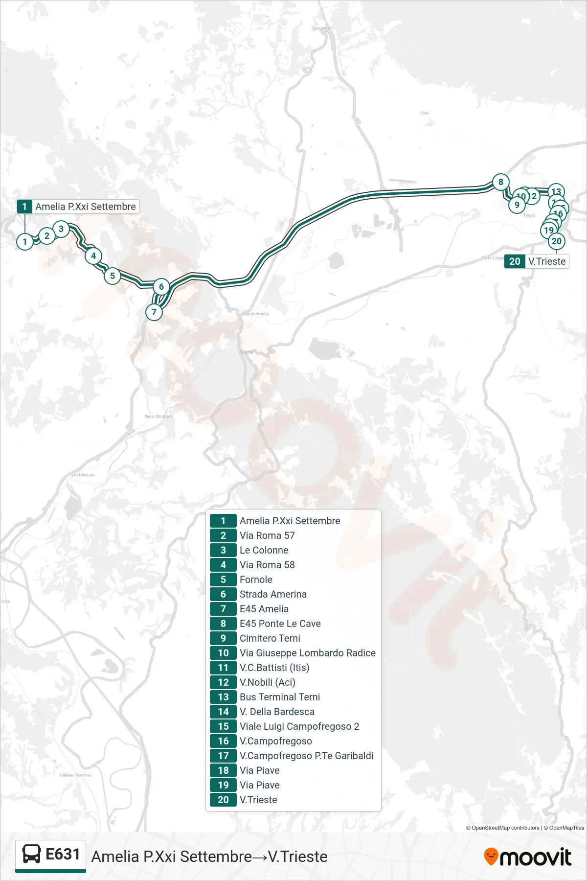 E631 bus Line (Amelia September 21st Square→Via Trieste) route and stops on a map