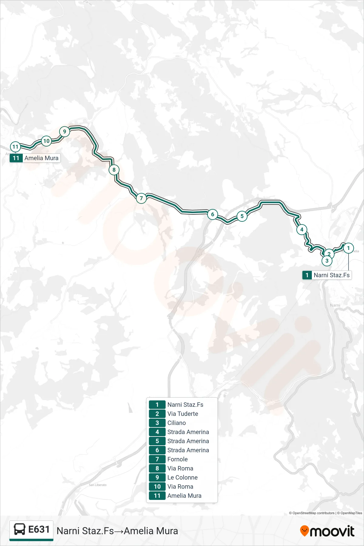 Linea E631 bus (Narni Staz.Fs→Amelia Mura) - Percorsi e fermate sulla mappa