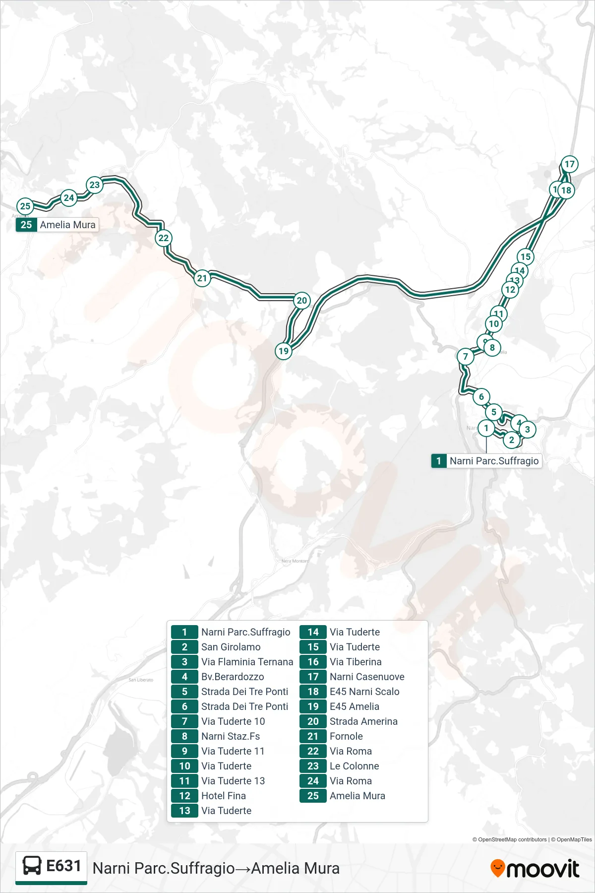 Linea E631  bus (Narni Parc.Suffragio‎→Amelia Mura) - Percorsi e fermate sulla mappa