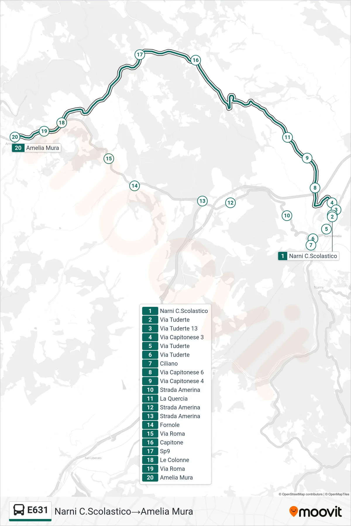 Linea E631  bus (Narni C.Scolastico‎→Amelia Mura) - Percorsi e fermate sulla mappa