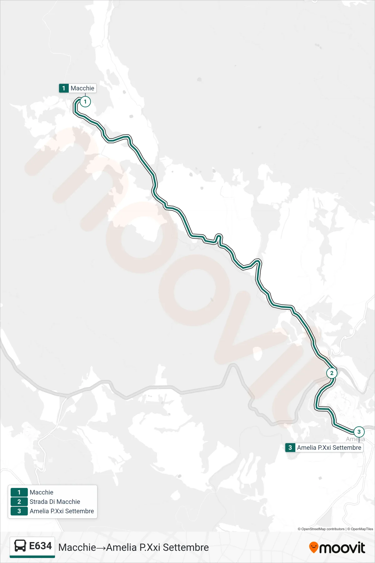 E634 bus Line (Macchie→Amelia September 21st Square) route and stops on a map