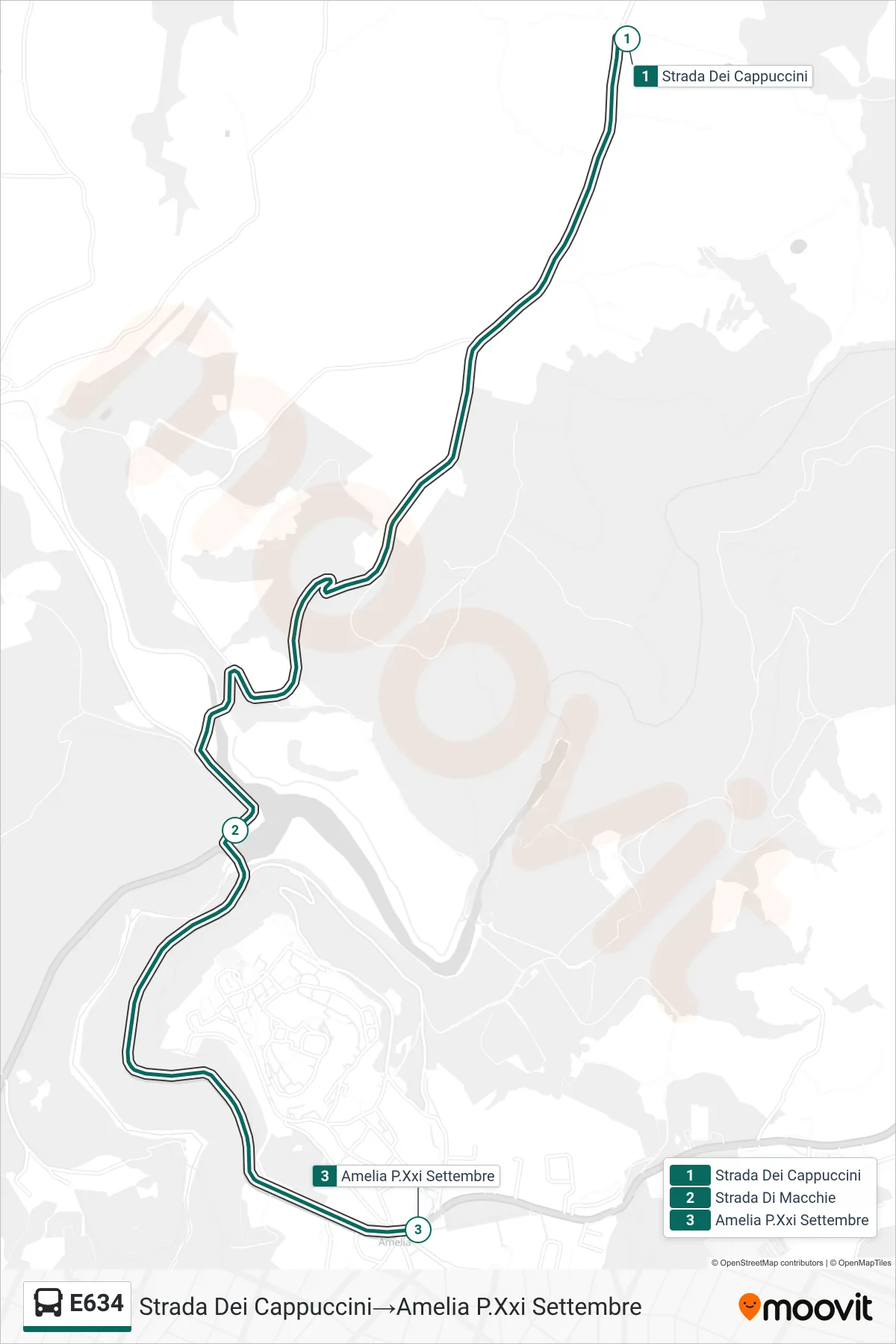 Linea E634  bus (Strada Dei Cappuccini‎→Amelia P.Xxi Settembre) - Percorsi e fermate sulla mappa