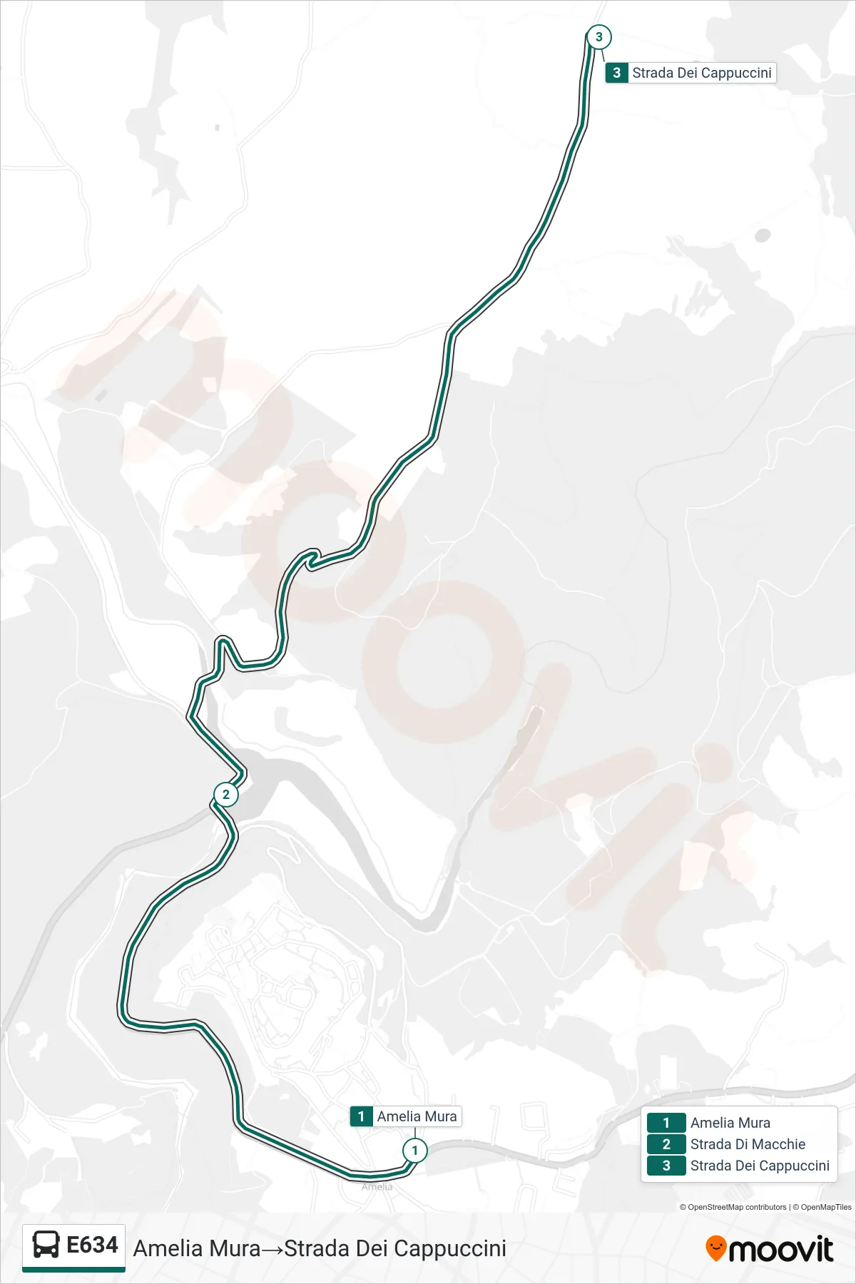 Linea E634  bus (Amelia Mura‎→Strada Dei Cappuccini) - Percorsi e fermate sulla mappa