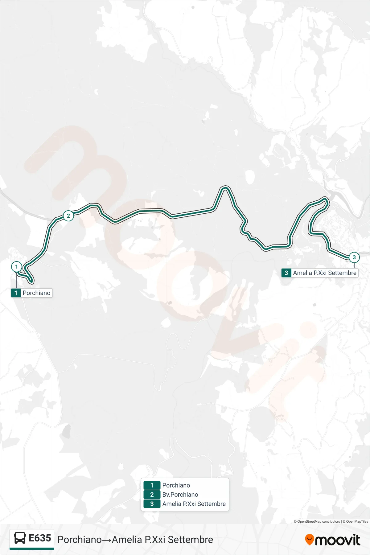 Linea E635  bus (Porchiano‎→Amelia P.Xxi Settembre) - Percorsi e fermate sulla mappa