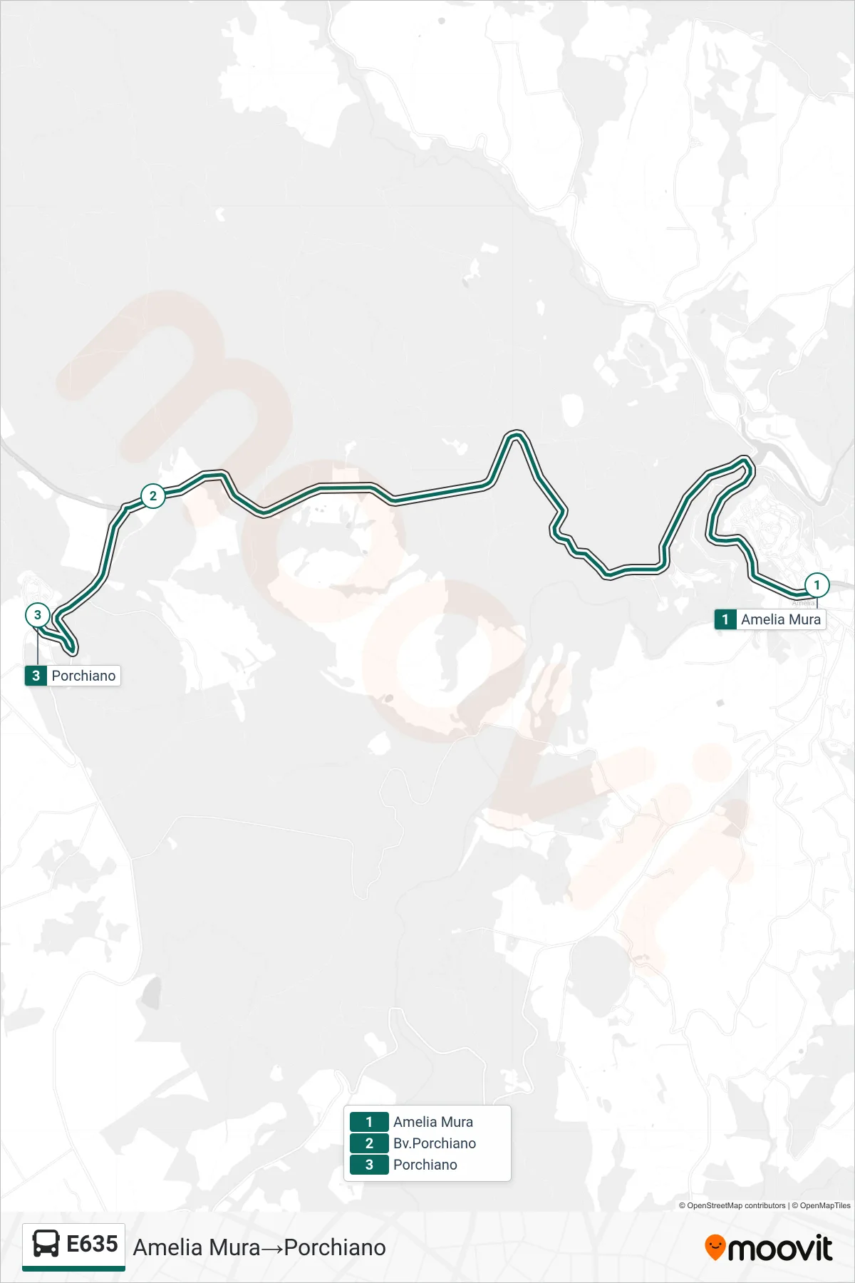 Linea E635  bus (Amelia Mura‎→Porchiano) - Percorsi e fermate sulla mappa