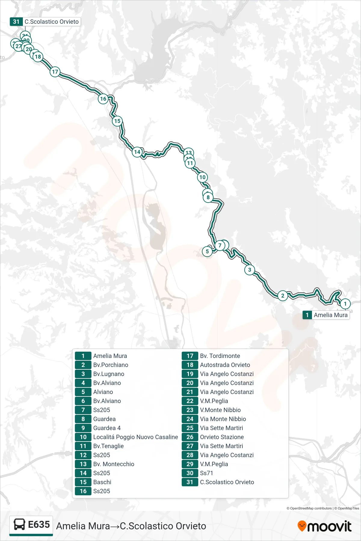 E635 bus Line (Amelia Walls‎→Orvieto School Center) route and stops on a map