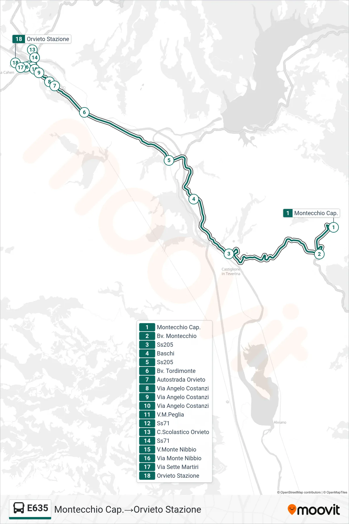Linea E635 bus (Montecchio Cap.→Orvieto Stazione) - Percorsi e fermate sulla mappa