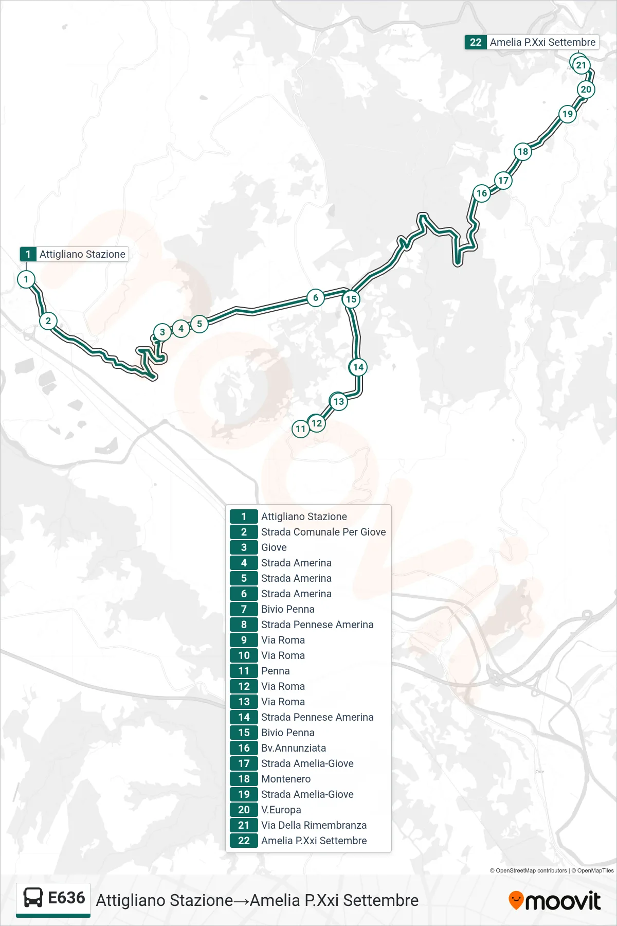 E636 bus Line (Attigliano Station→Amelia September 21st Square) route and stops on a map
