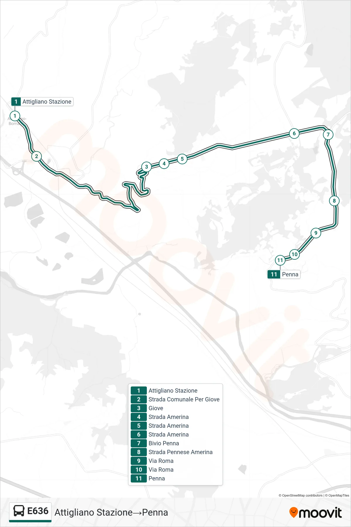 Linea E636  bus (Attigliano Stazione‎→Penna) - Percorsi e fermate sulla mappa